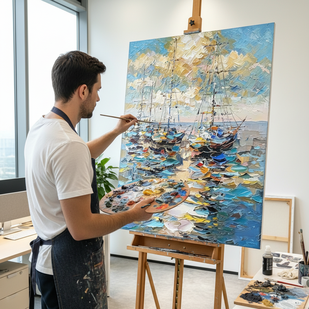 Stretched Hand-Painted "Harbor Moonlight" Oil Painting – Textured Nautical Statement Canvas for Coastal Elegance