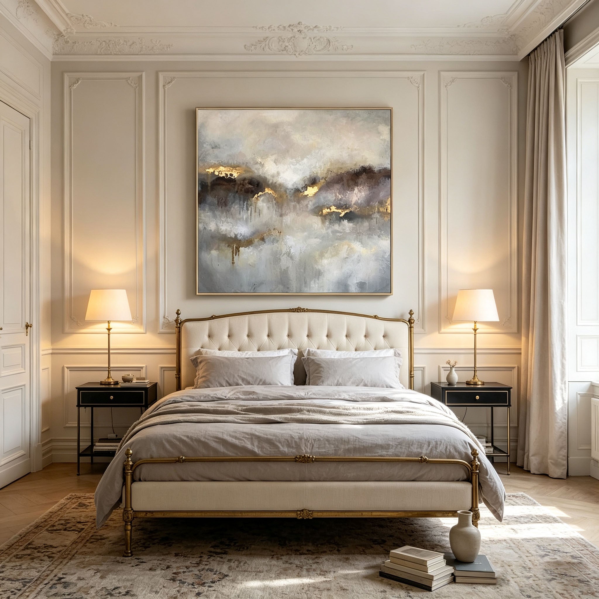 Neutral Gray Gold Foil Abstract Landscape Oil Painting, Thick Impasto Textured Canvas Wall Art, Modern Luxury Bedroom Decor