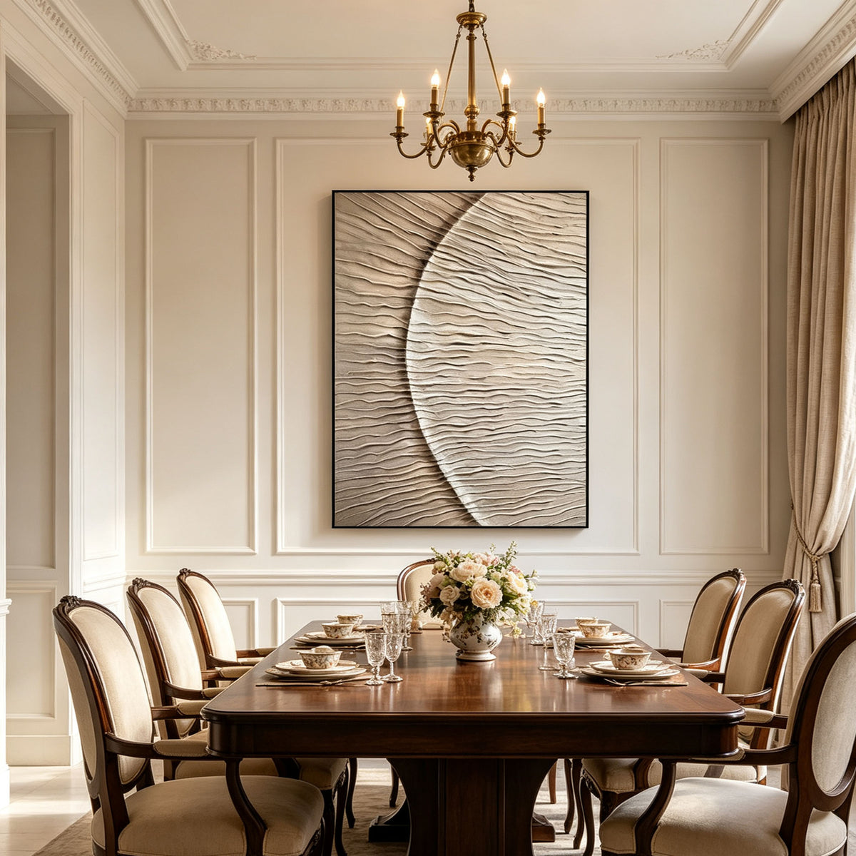 Abstract Wave Textured Canvas Wall Art, 3D Plaster Painting in Silver Beige for Modern Dining Room Decor