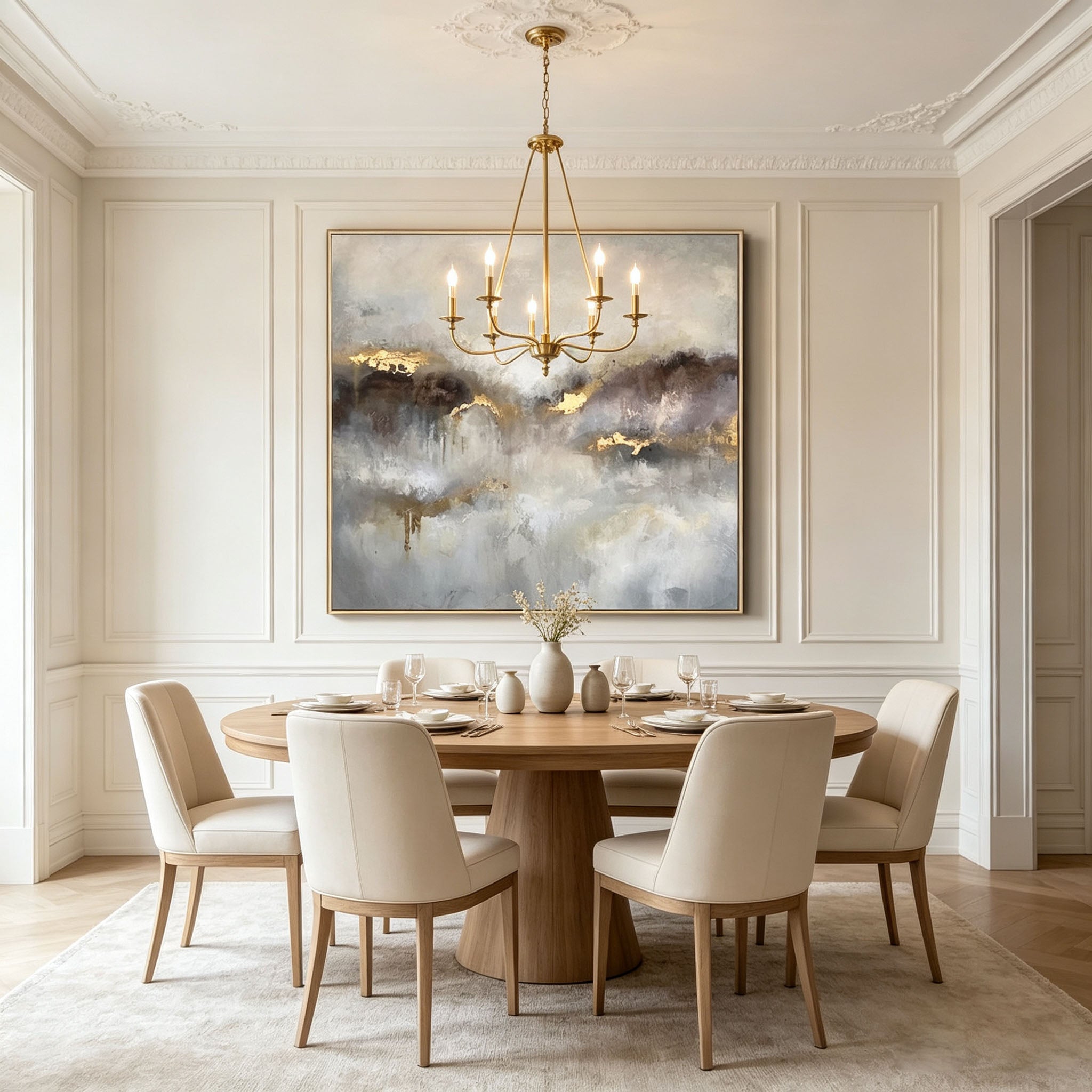 Neutral Gray Gold Foil Abstract Landscape Oil Painting, Thick Impasto Textured Canvas Wall Art, Modern Luxury Bedroom Decor