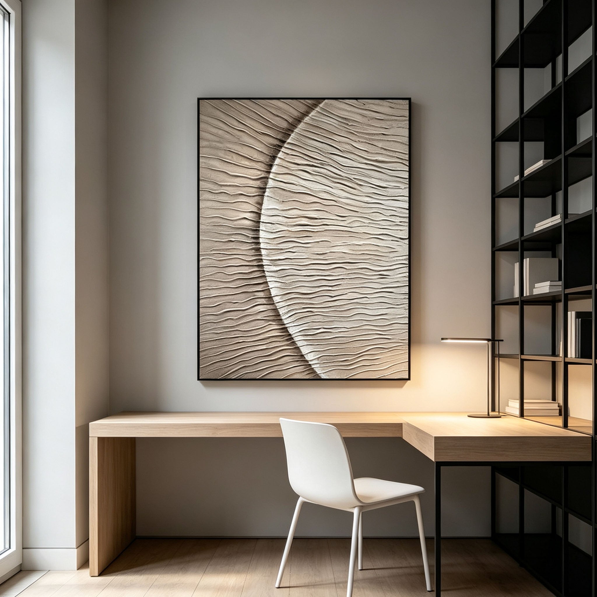 Abstract Wave Textured Canvas Wall Art, 3D Plaster Painting in Silver Beige for Modern Dining Room Decor