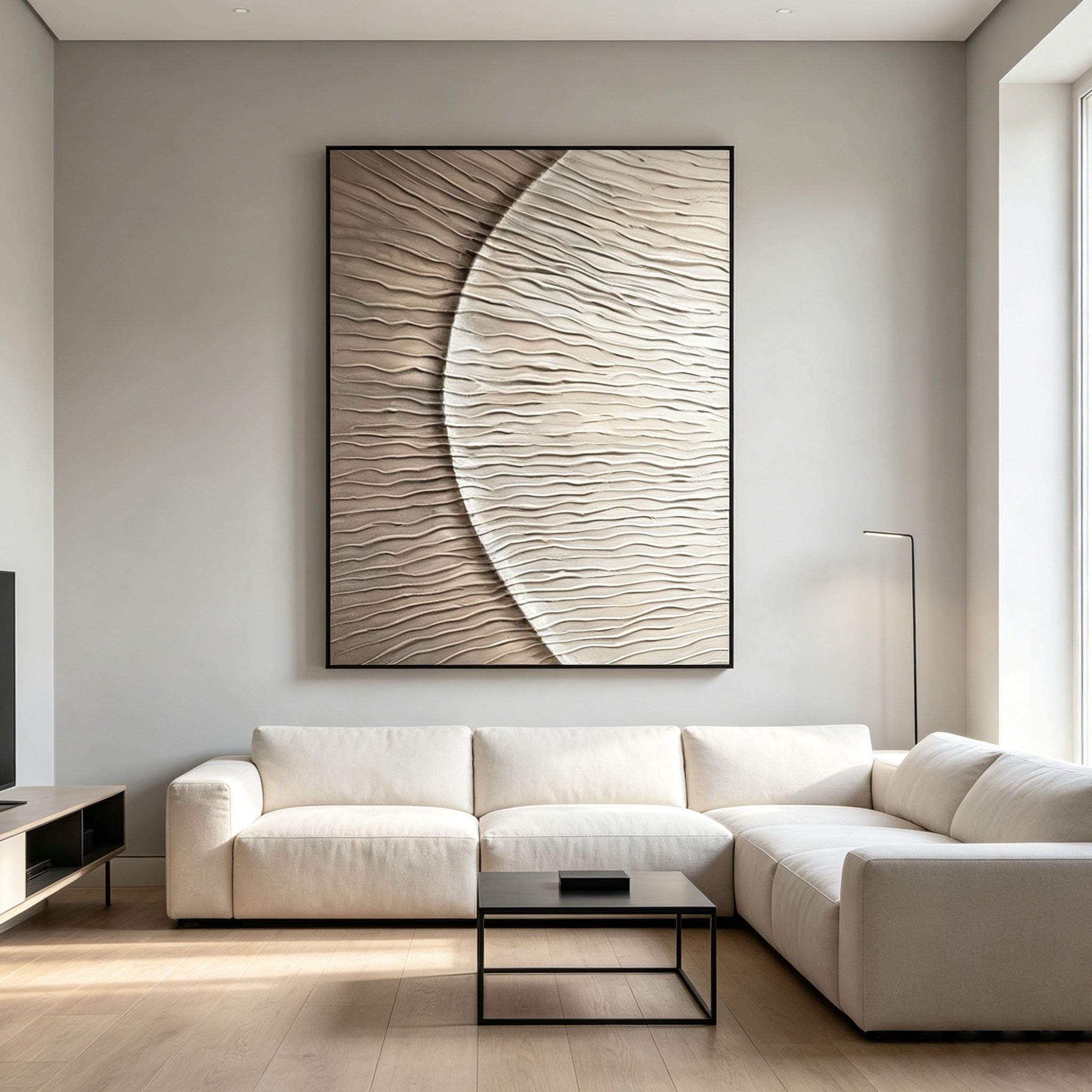 Abstract Wave Textured Canvas Wall Art, 3D Plaster Painting in Silver Beige for Modern Dining Room Decor
