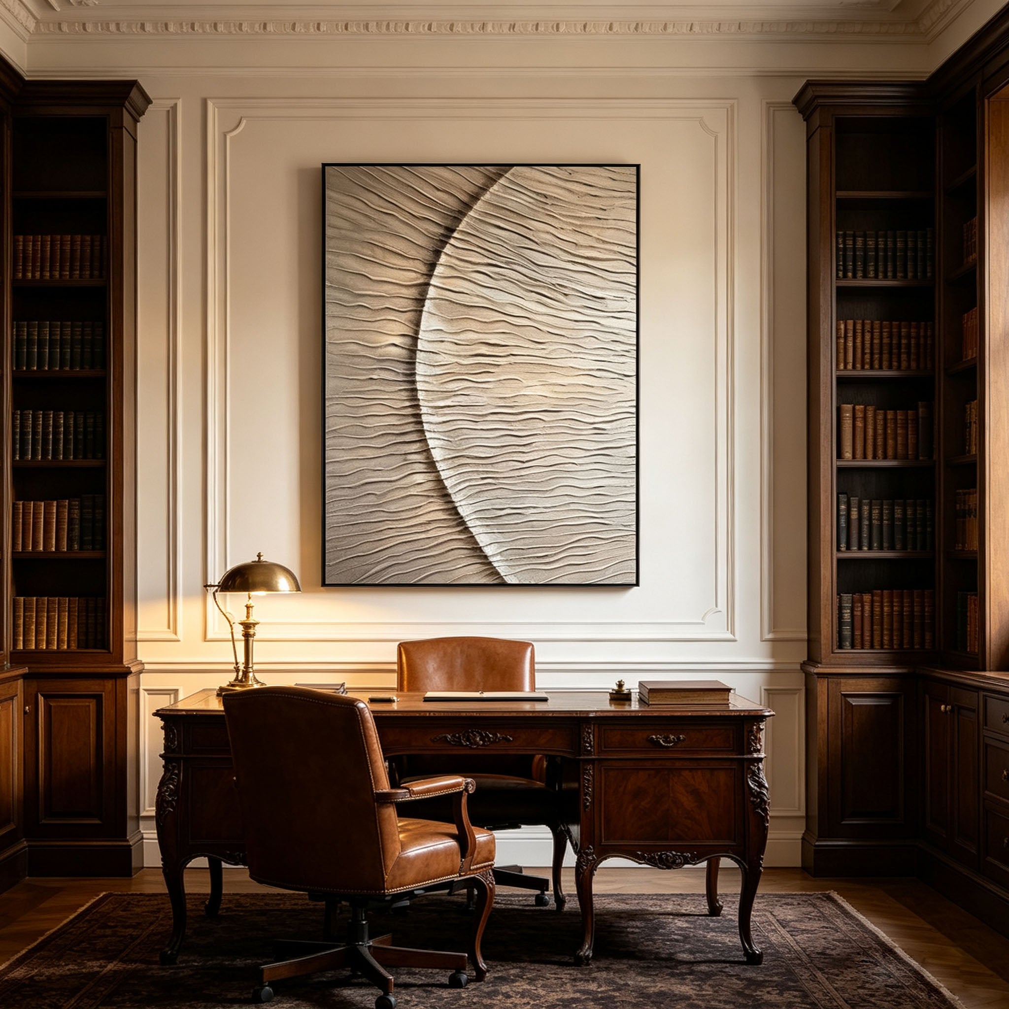 Abstract Wave Textured Canvas Wall Art, 3D Plaster Painting in Silver Beige for Modern Dining Room Decor