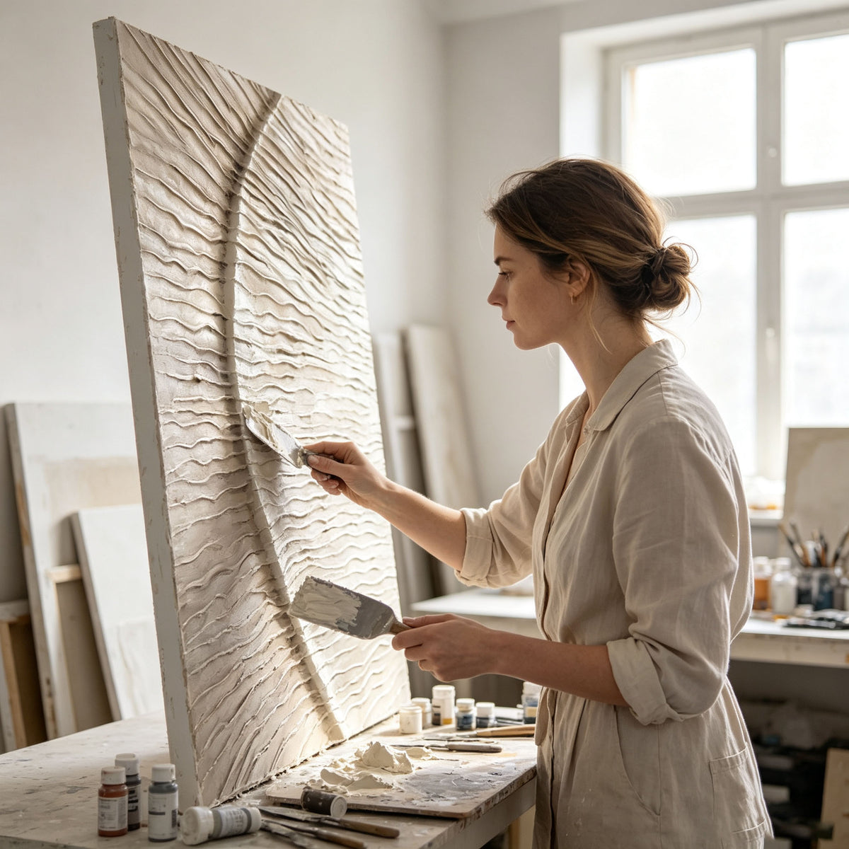 Abstract Wave Textured Canvas Wall Art, 3D Plaster Painting in Silver Beige for Modern Dining Room Decor
