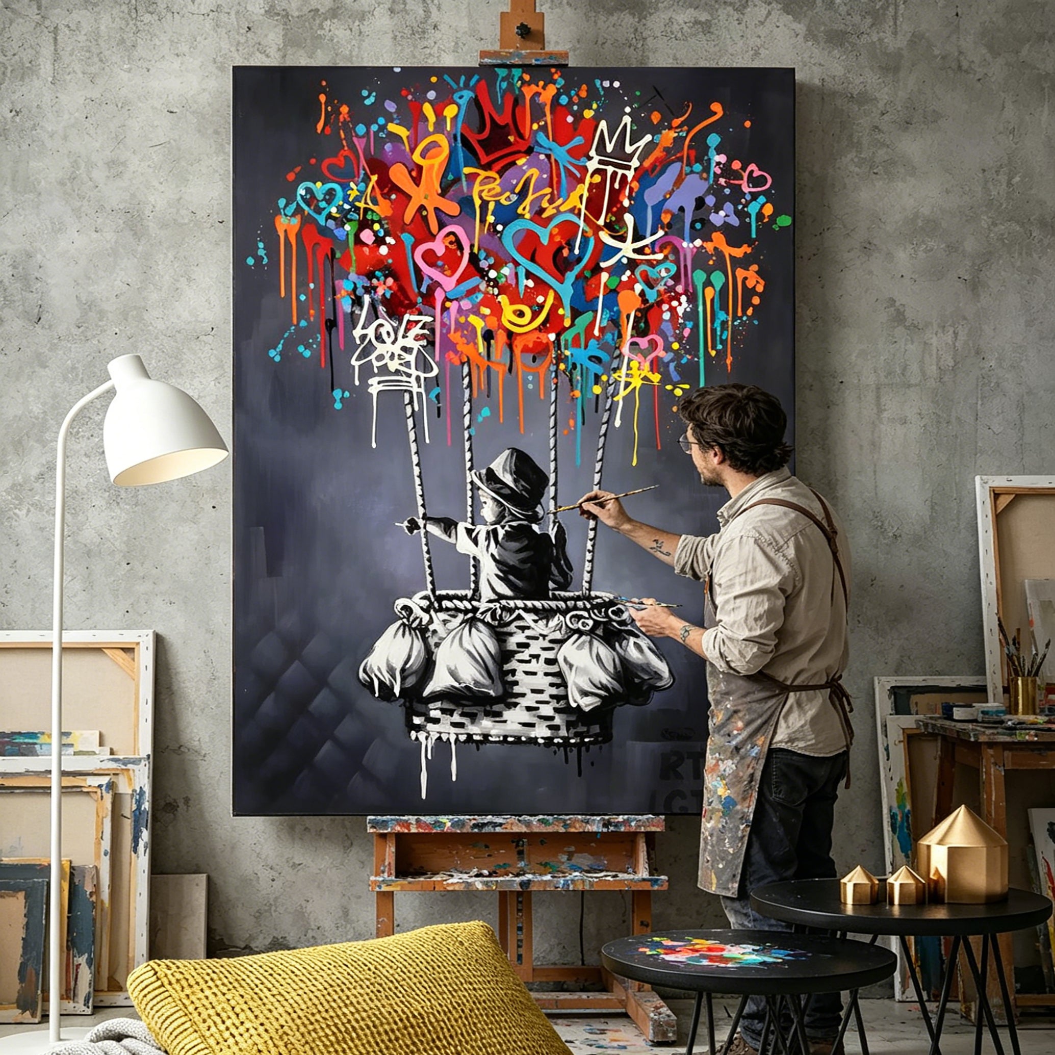 Hand‑Painted Graffiti Style Hot Air Balloon Wall Art | Modern Street Art Canvas Oil Painting