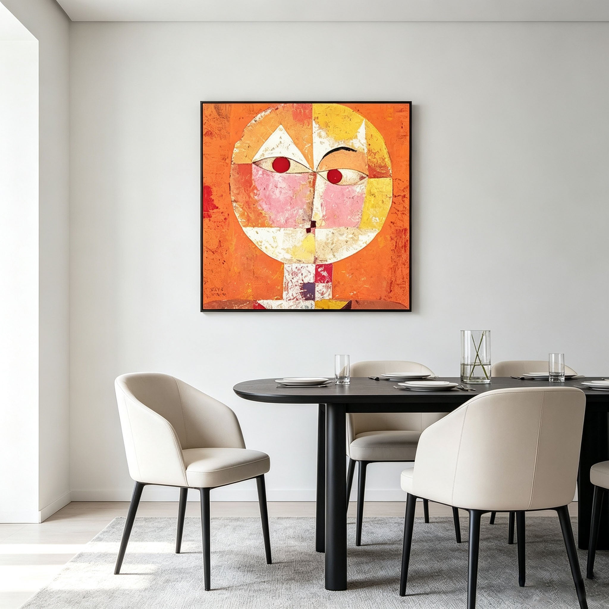 Abstract Geometric Face Oil Painting, Orange Textured Cubist Style Portrait Canvas Wall Art, Modern Living Room Decor