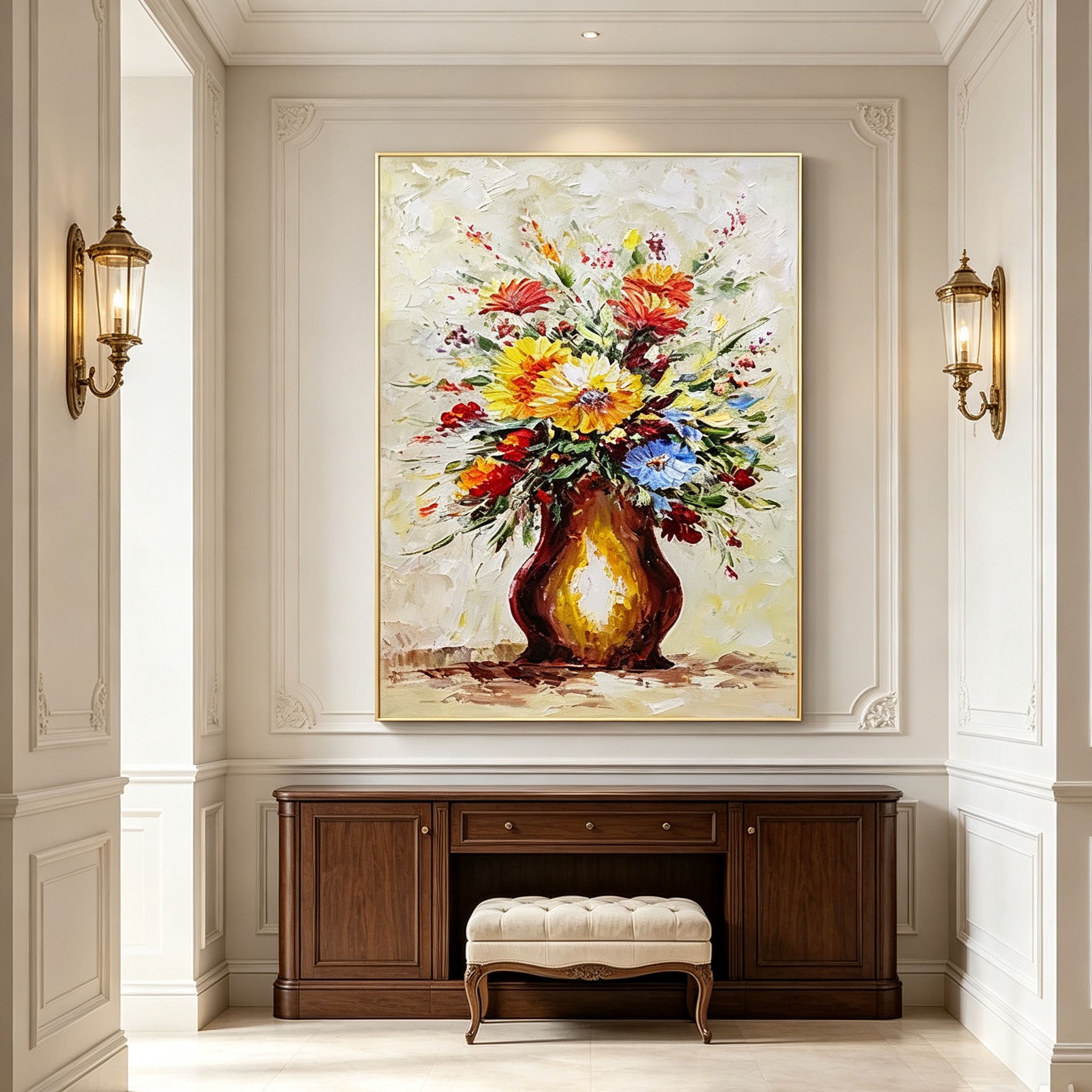 Impasto Vase Wildflower Bouquet Canvas Wall Art, Vintage Textured Floral Oil Painting for Entryway Home Decor