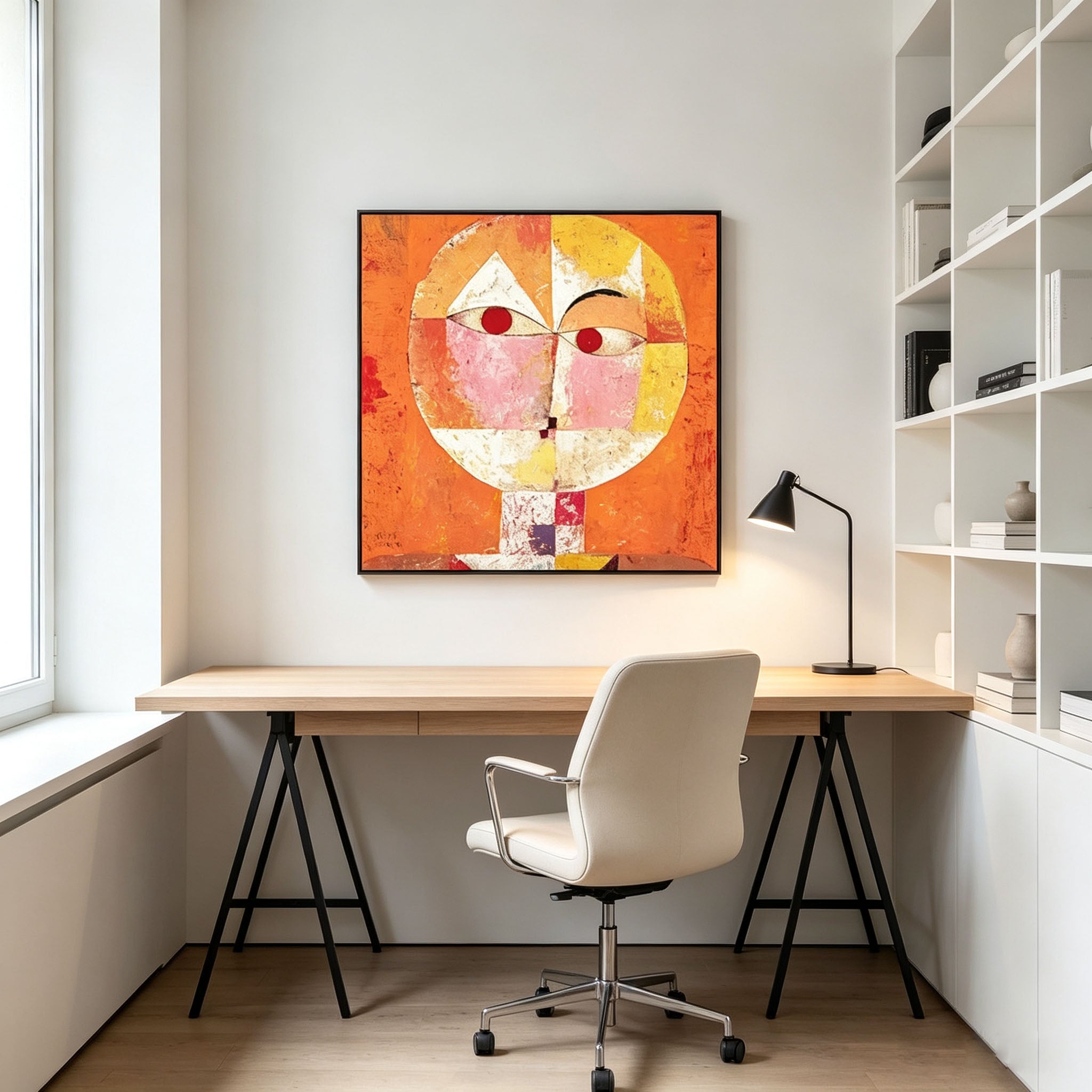 Abstract Geometric Face Oil Painting, Orange Textured Cubist Style Portrait Canvas Wall Art, Modern Living Room Decor
