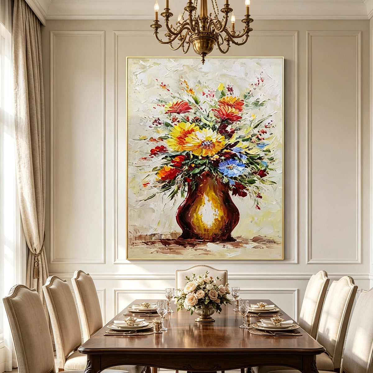 Impasto Vase Wildflower Bouquet Canvas Wall Art, Vintage Textured Floral Oil Painting for Entryway Home Decor