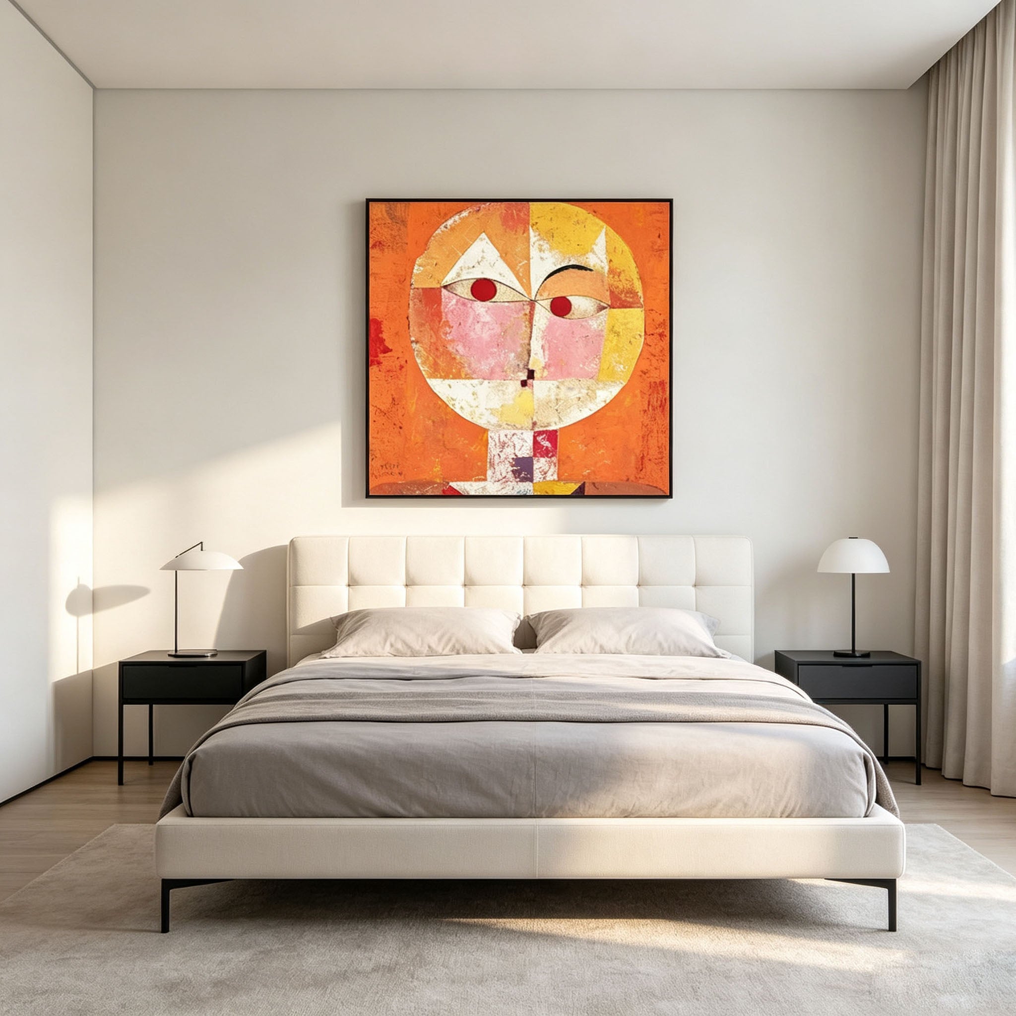 Abstract Geometric Face Oil Painting, Orange Textured Cubist Style Portrait Canvas Wall Art, Modern Living Room Decor