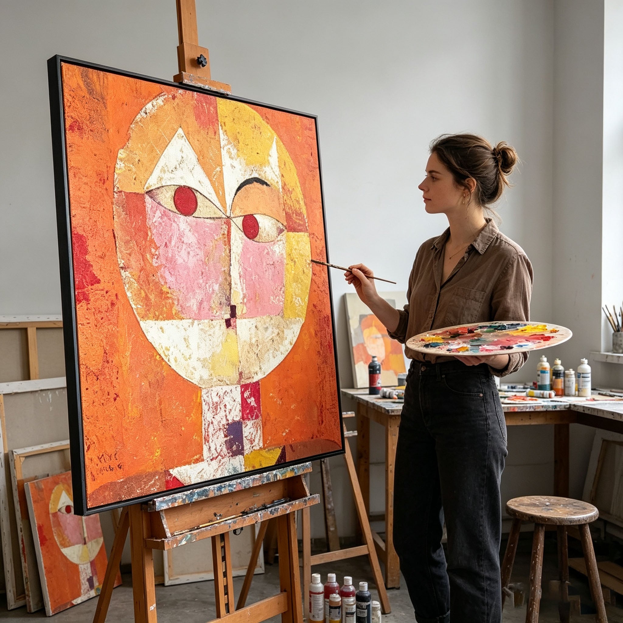 Abstract Geometric Face Oil Painting, Orange Textured Cubist Style Portrait Canvas Wall Art, Modern Living Room Decor