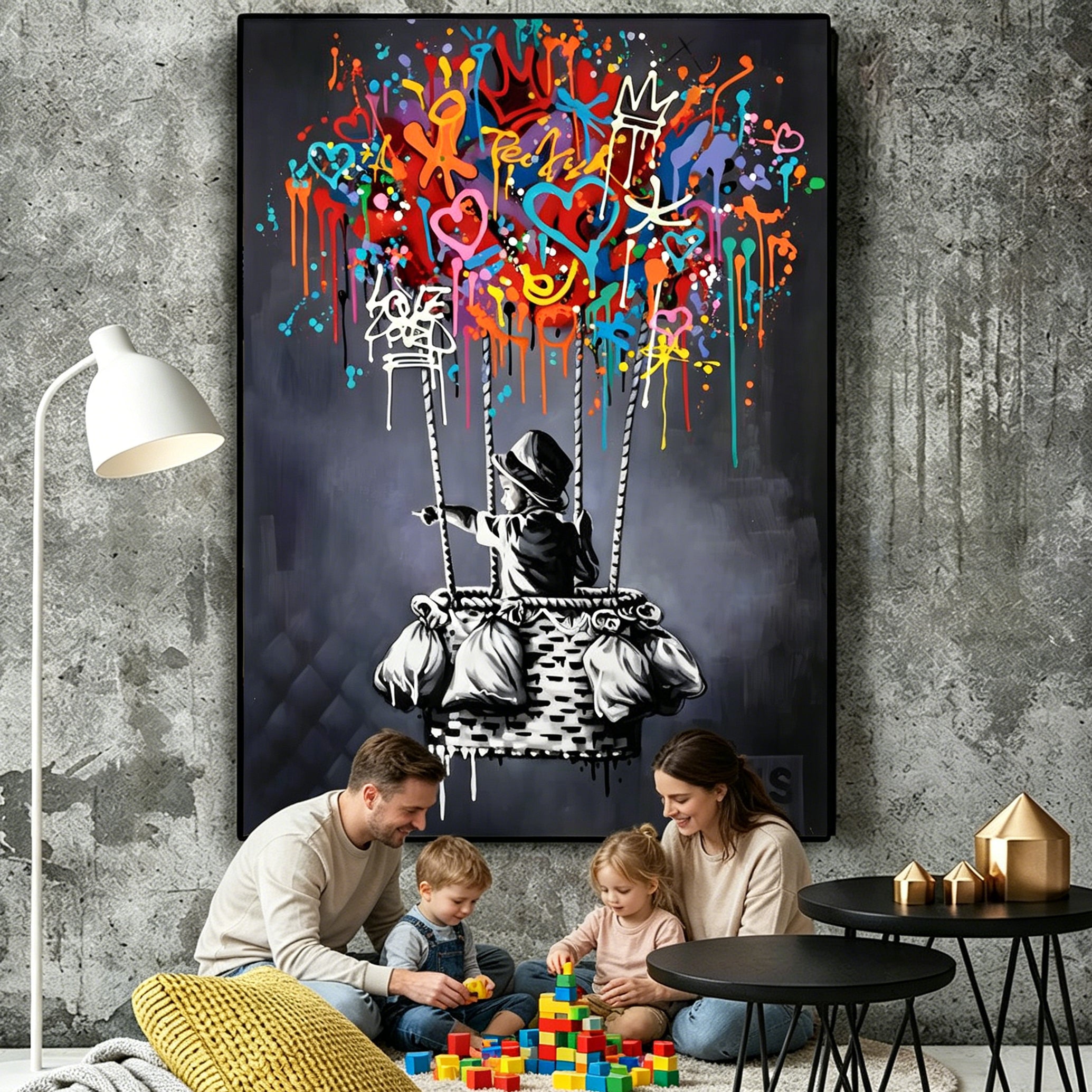 Hand‑Painted Graffiti Style Hot Air Balloon Wall Art | Modern Street Art Canvas Oil Painting