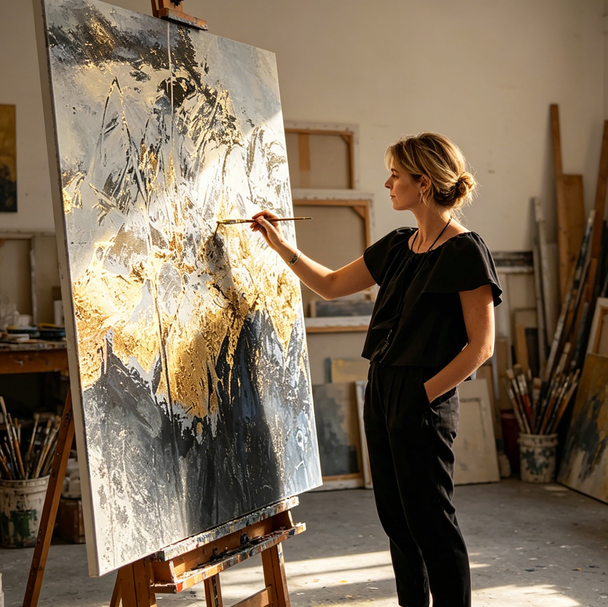 Stretched Hand-Painted Abstract "Golden Ethereal" Oil Painting – Textured Metallic Statement Canvas for Modern Luxury