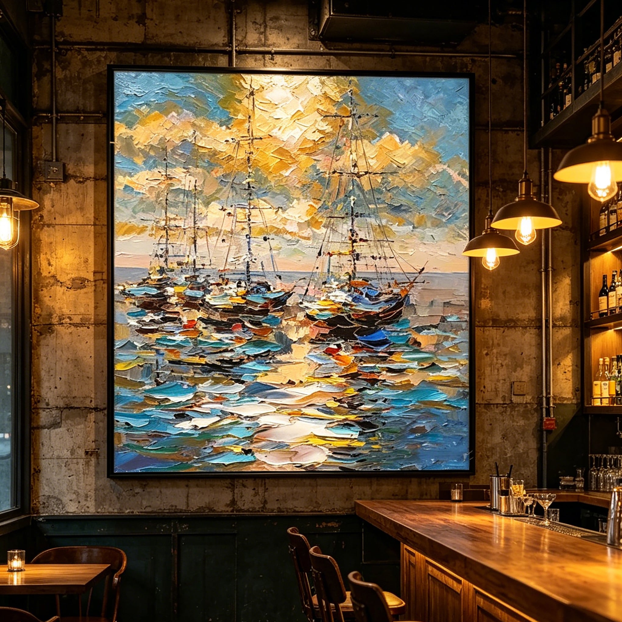 Stretched Hand-Painted "Harbor Moonlight" Oil Painting – Textured Nautical Statement Canvas for Coastal Elegance