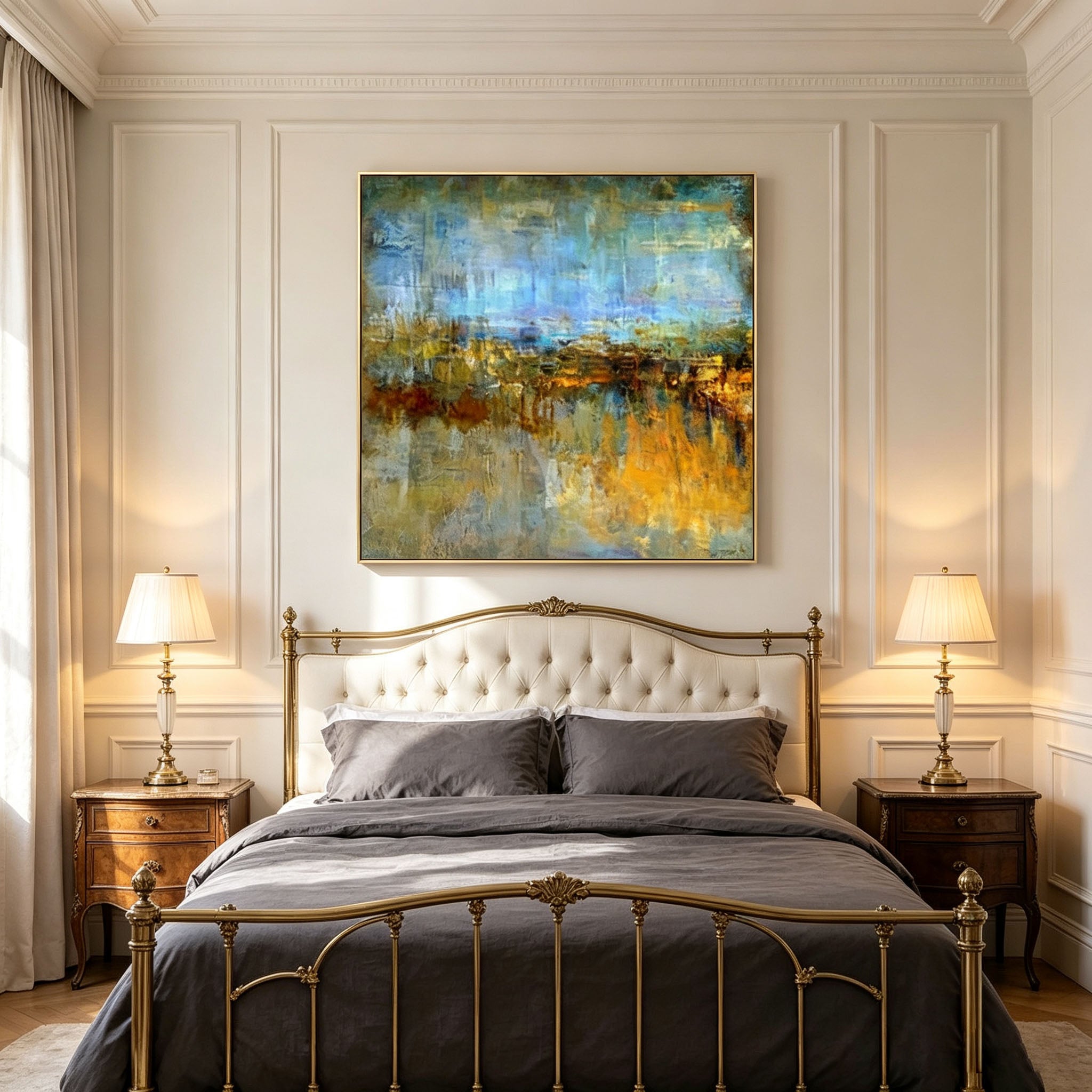 Abstract Lakeside Landscape Oil Painting, Blue Golden Textured Impasto Canvas Wall Art, Transitional Bedroom Decor