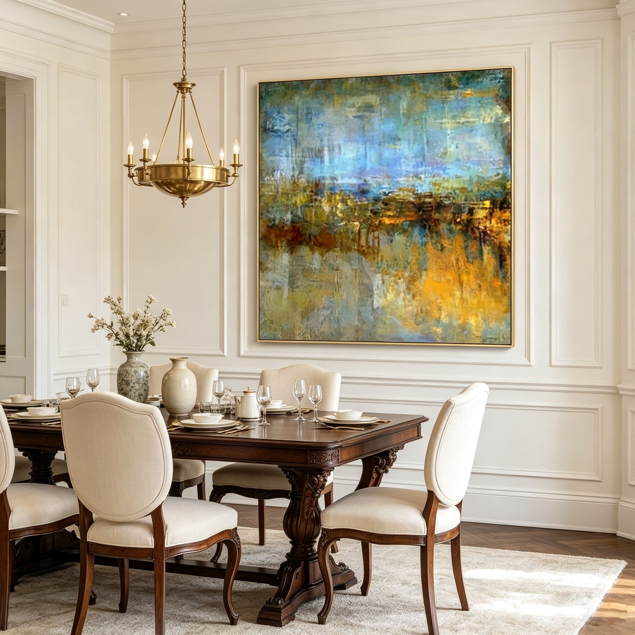 Abstract Lakeside Landscape Oil Painting, Blue Golden Textured Impasto Canvas Wall Art, Transitional Bedroom Decor