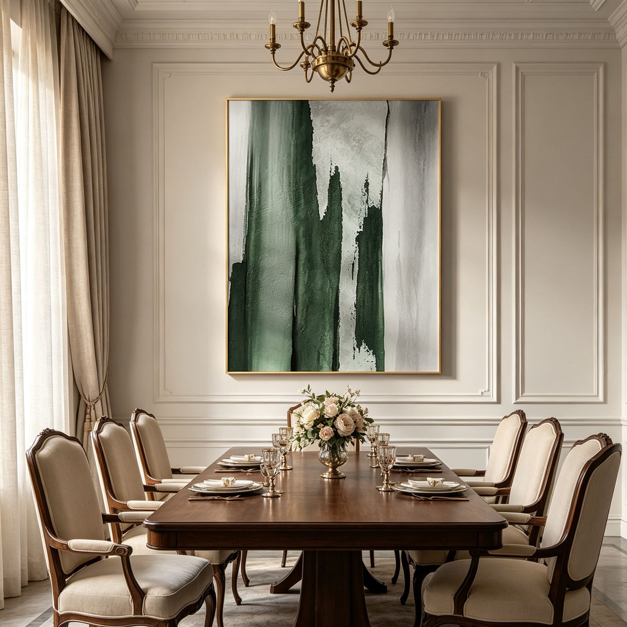 Emerald Green Abstract Textured Canvas Wall Art, Large Dark Green Silver Plaster Painting for Luxury Living Room Decor