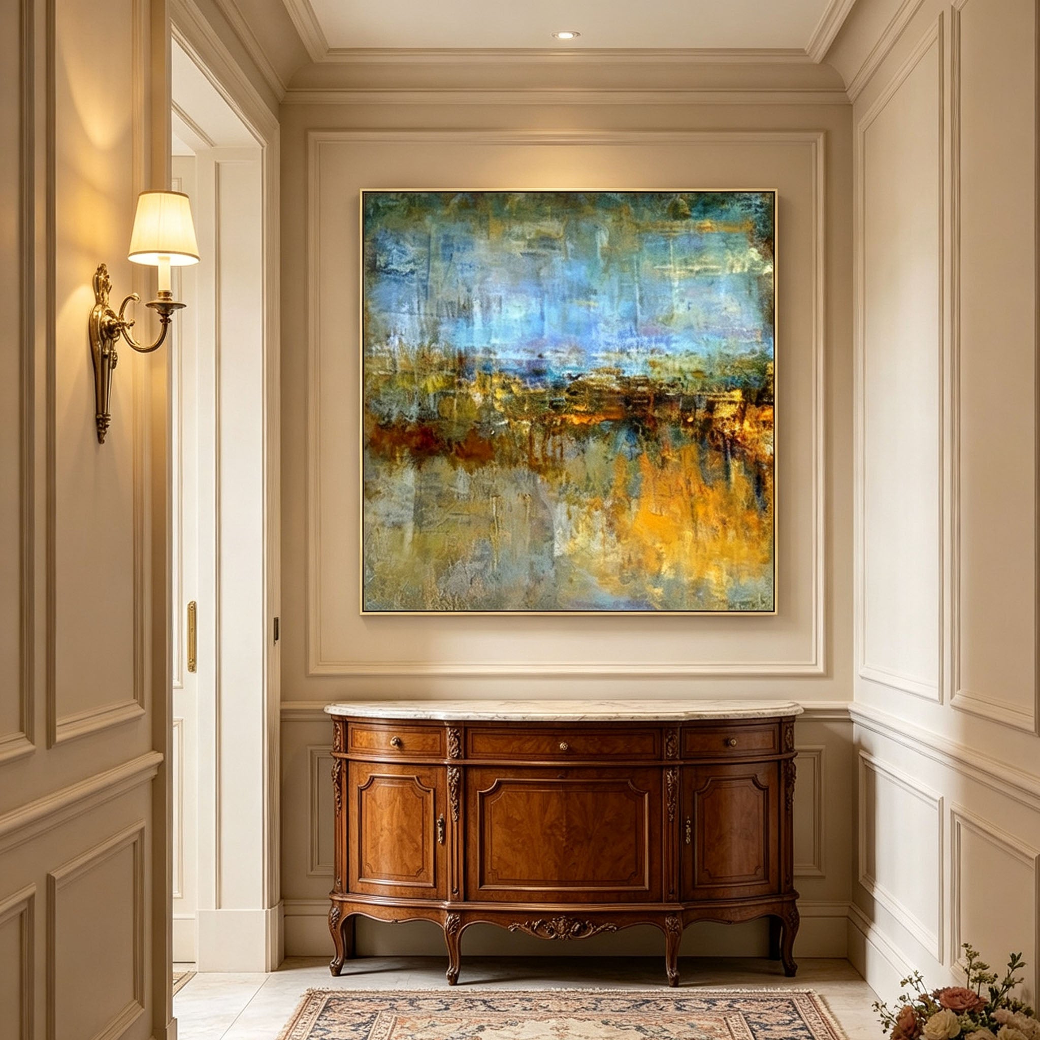 Abstract Lakeside Landscape Oil Painting, Blue Golden Textured Impasto Canvas Wall Art, Transitional Bedroom Decor