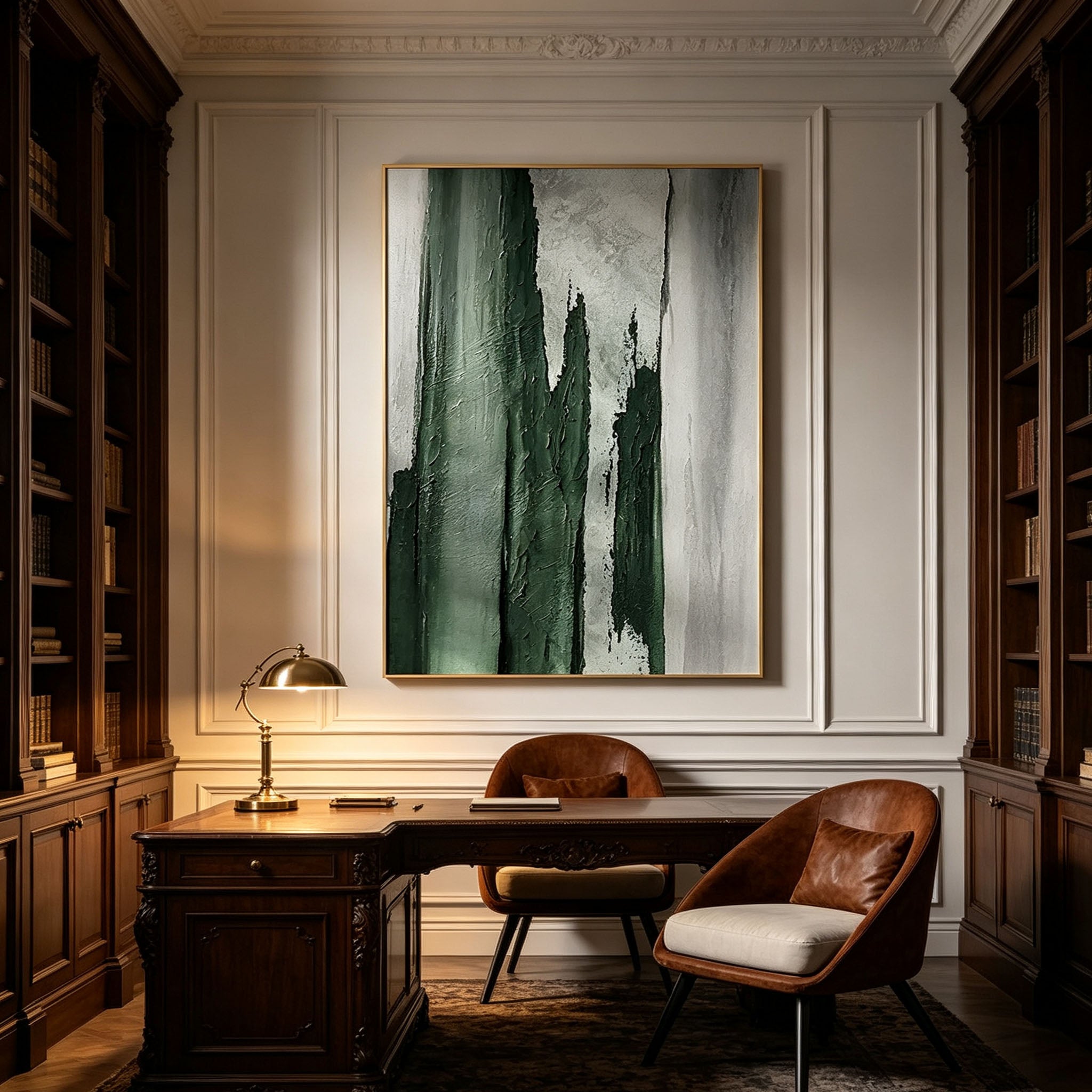 Emerald Green Abstract Textured Canvas Wall Art, Large Dark Green Silver Plaster Painting for Luxury Living Room Decor
