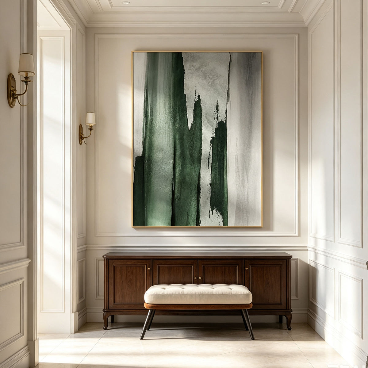 Emerald Green Abstract Textured Canvas Wall Art, Large Dark Green Silver Plaster Painting for Luxury Living Room Decor