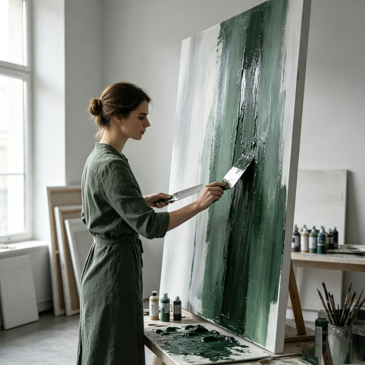 Emerald Green Abstract Textured Canvas Wall Art, Large Dark Green Silver Plaster Painting for Luxury Living Room Decor