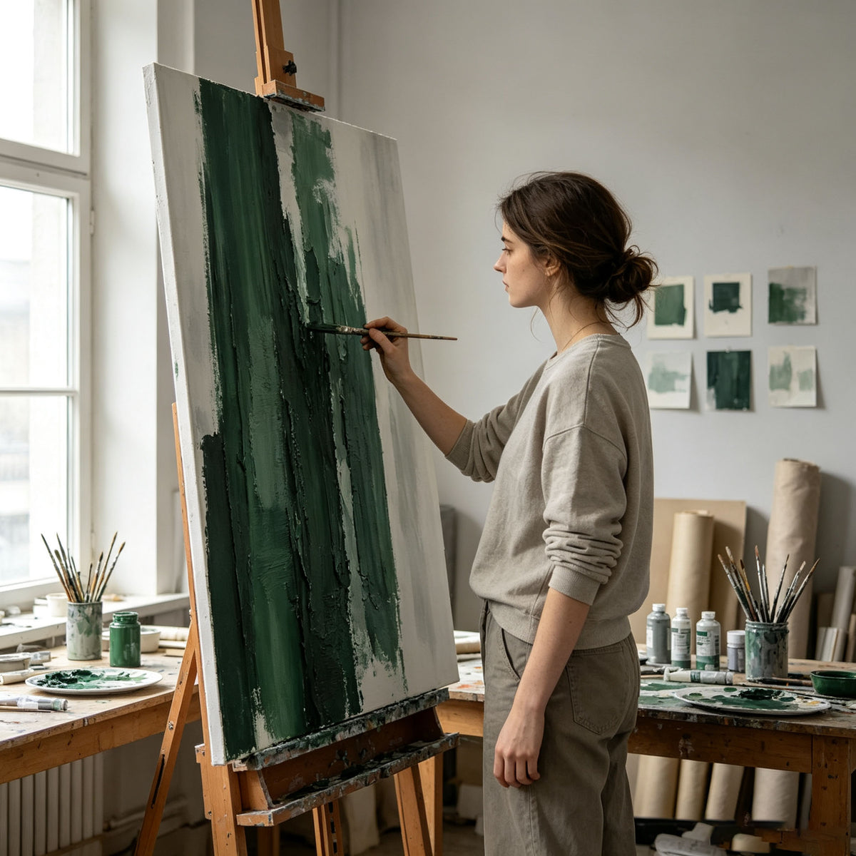 Emerald Green Abstract Textured Canvas Wall Art, Large Dark Green Silver Plaster Painting for Luxury Living Room Decor