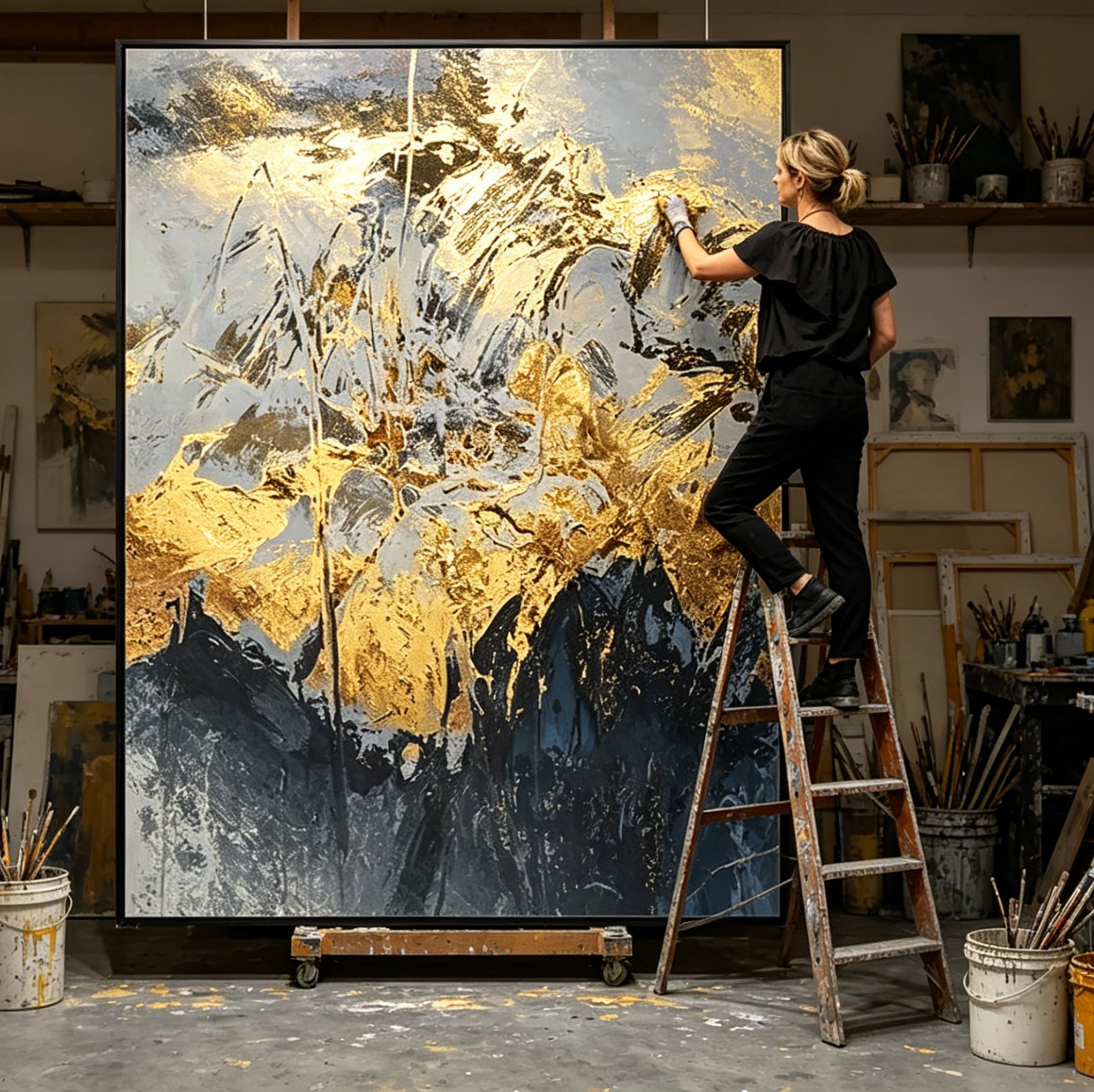 Stretched Hand-Painted Abstract "Golden Ethereal" Oil Painting – Textured Metallic Statement Canvas for Modern Luxury