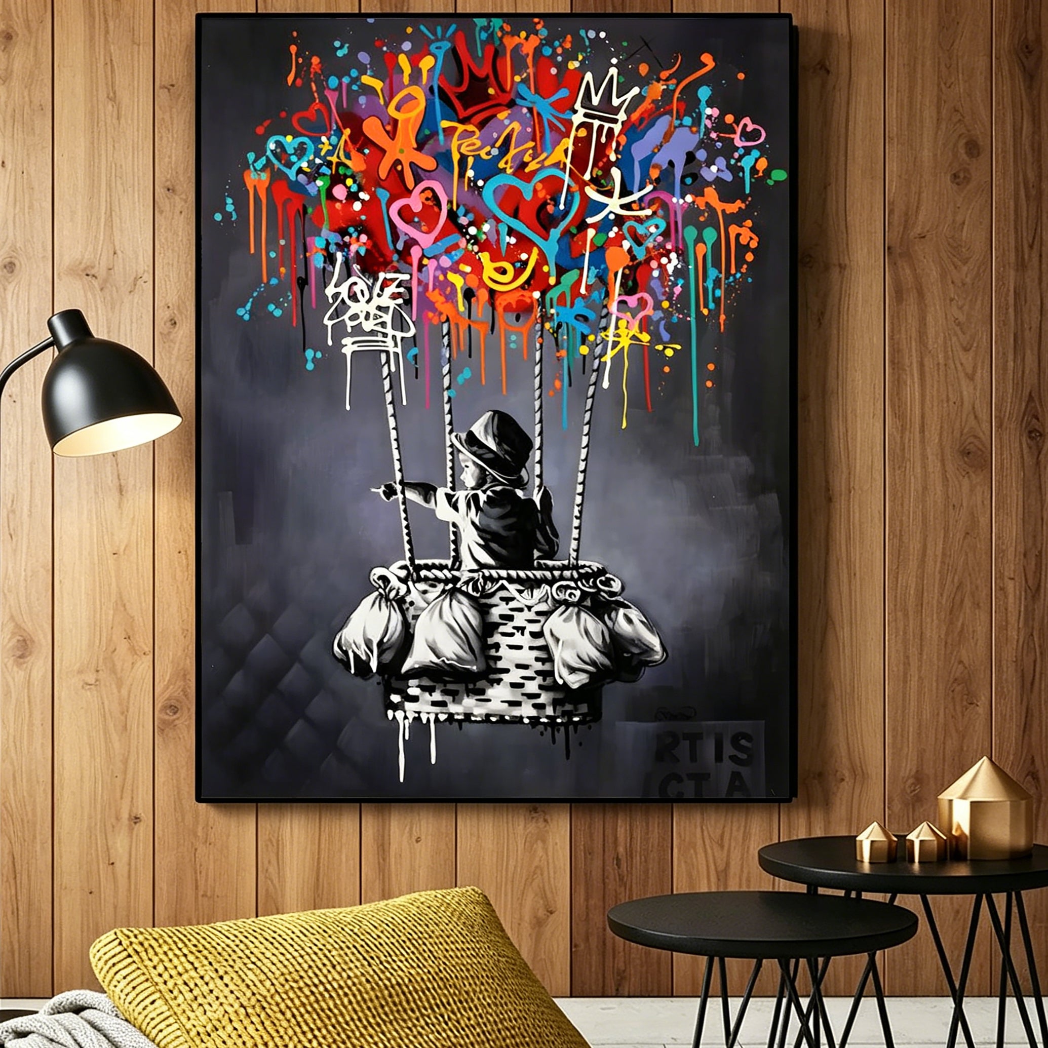 Hand‑Painted Graffiti Style Hot Air Balloon Wall Art | Modern Street Art Canvas Oil Painting