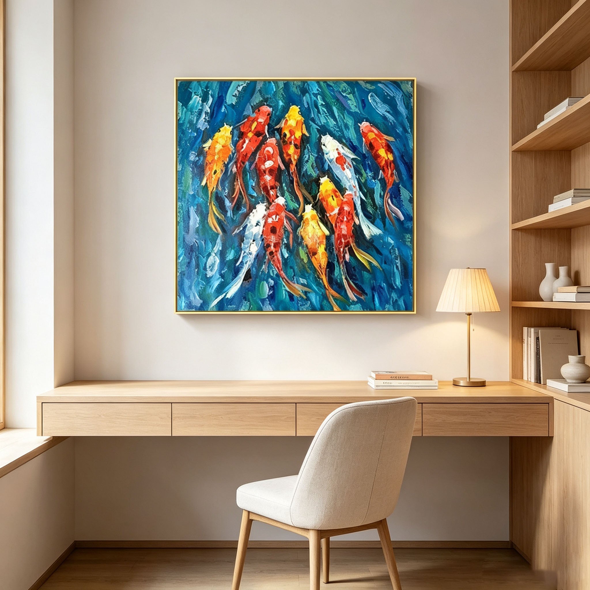 Textured Koi Fish Oil Painting, Blue Water Impasto Animal Canvas Wall Art, Modern Living Room Home Decor