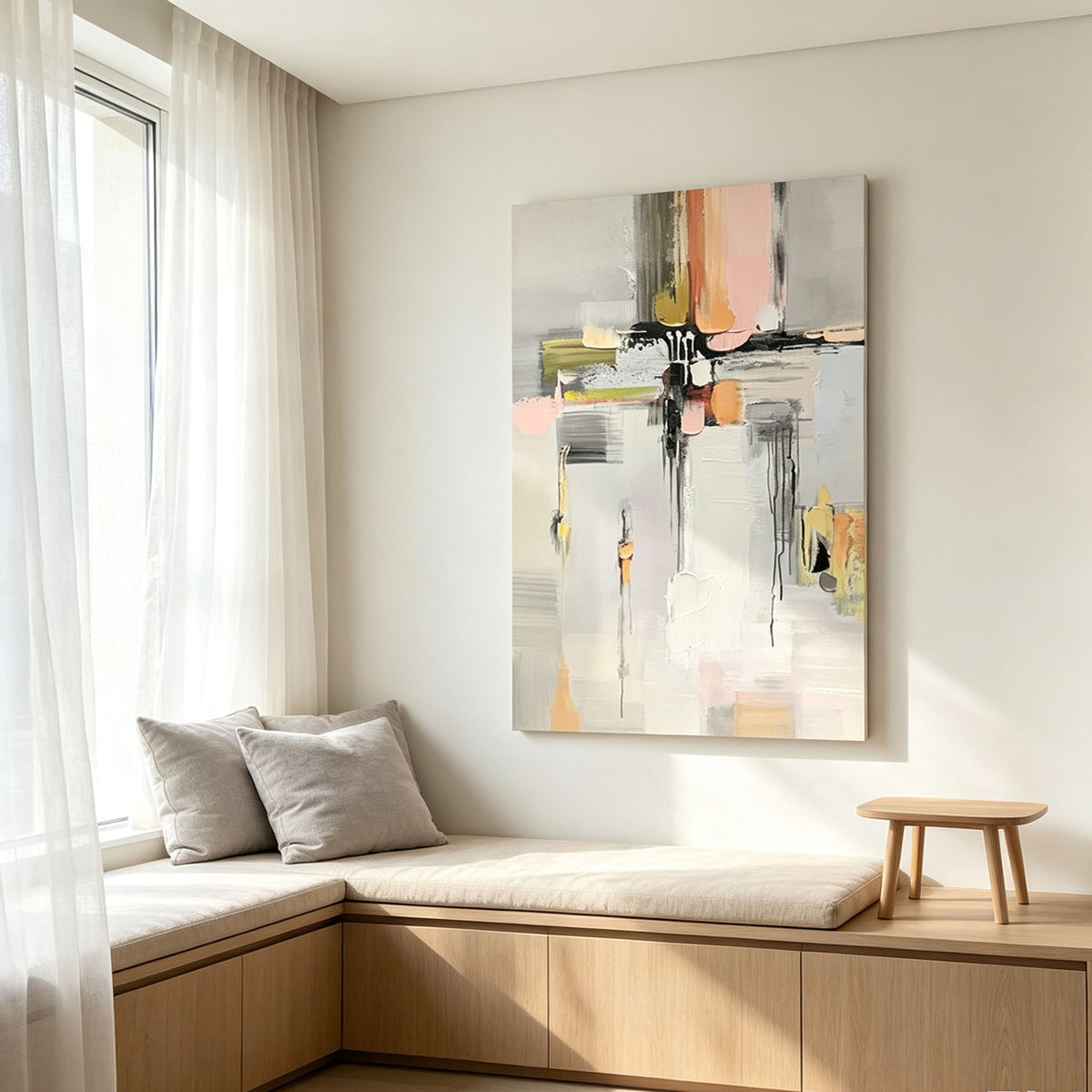 Pastel Multicolor Abstract Impasto Canvas Wall Art, Textured Brush Stroke Painting for Modern Bedroom Living Room Decor