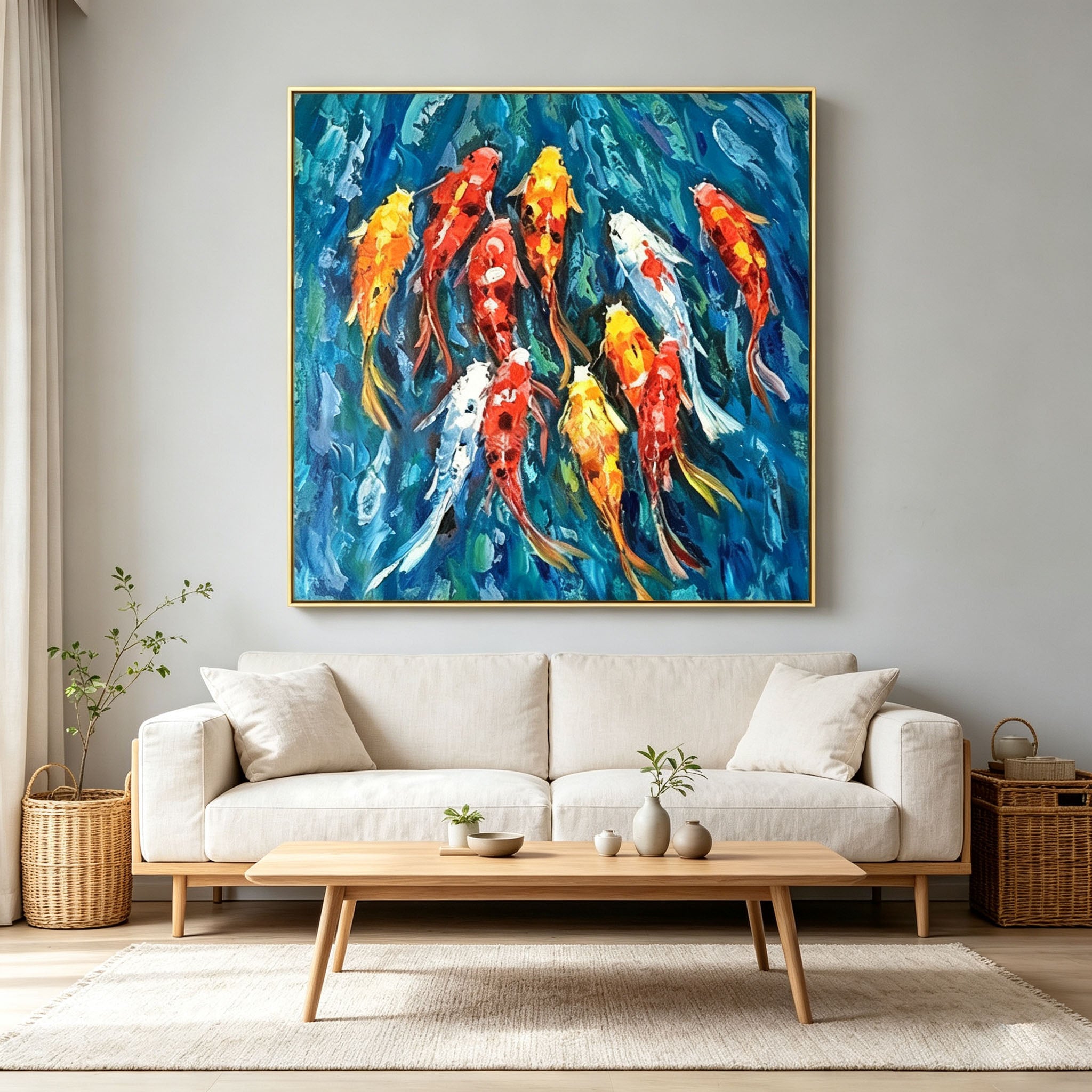 Textured Koi Fish Oil Painting, Blue Water Impasto Animal Canvas Wall Art, Modern Living Room Home Decor