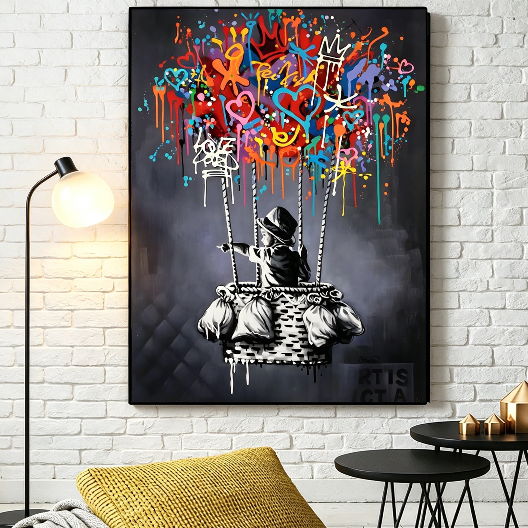 Hand‑Painted Graffiti Style Hot Air Balloon Wall Art | Modern Street Art Canvas Oil Painting