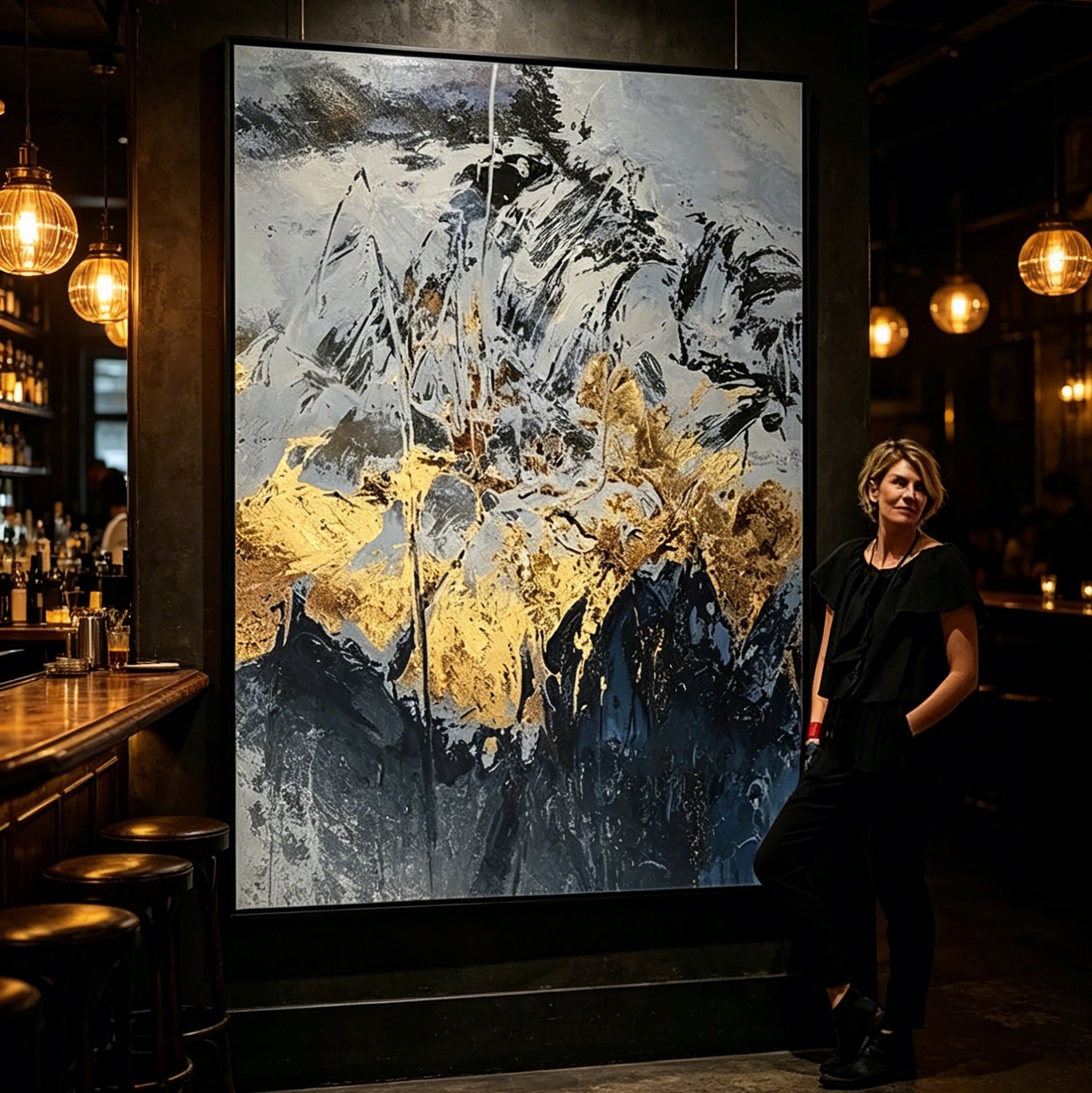 Stretched Hand-Painted Abstract "Golden Ethereal" Oil Painting – Textured Metallic Statement Canvas for Modern Luxury