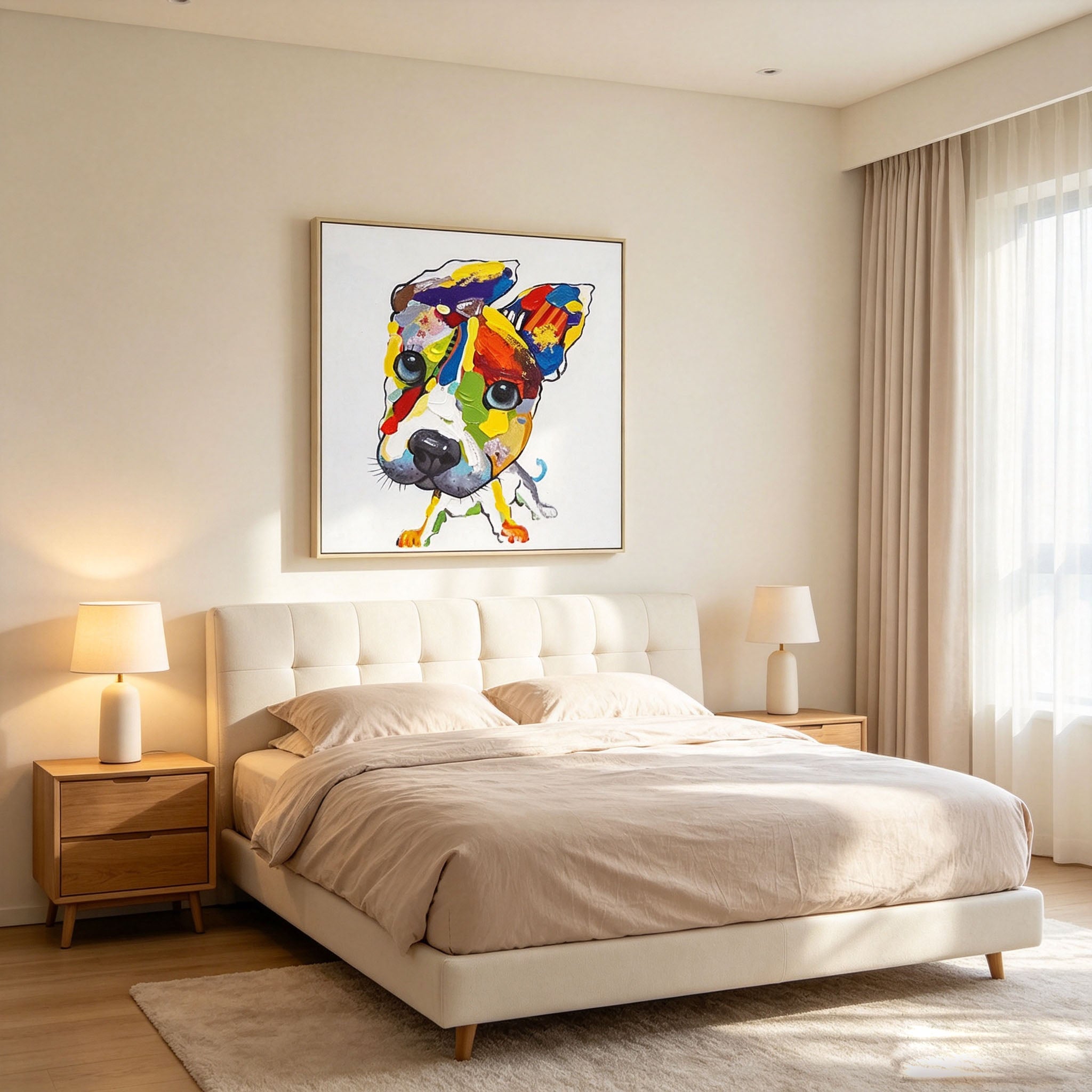 Vibrant Pop Art Dog Portrait Oil Painting, Thick Impasto Textured Puppy Canvas Wall Art, Modern Home Office Kids Room Decor