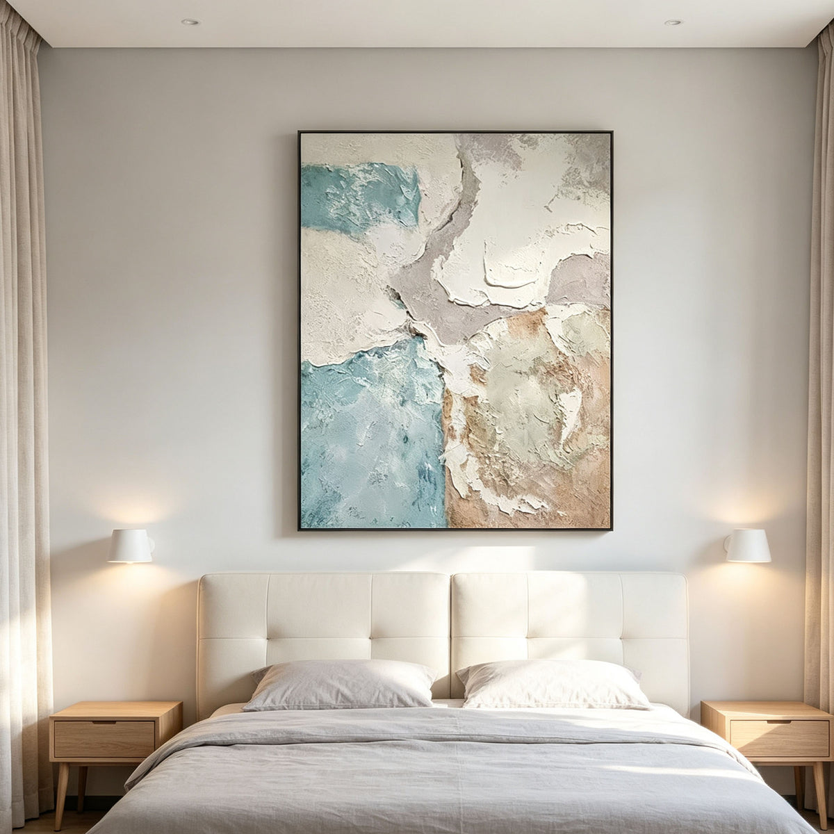 Soft Blue Beige Abstract Textured Canvas Wall Art, Coastal Plaster Painting for Minimalist Bedroom Above Bed Decor