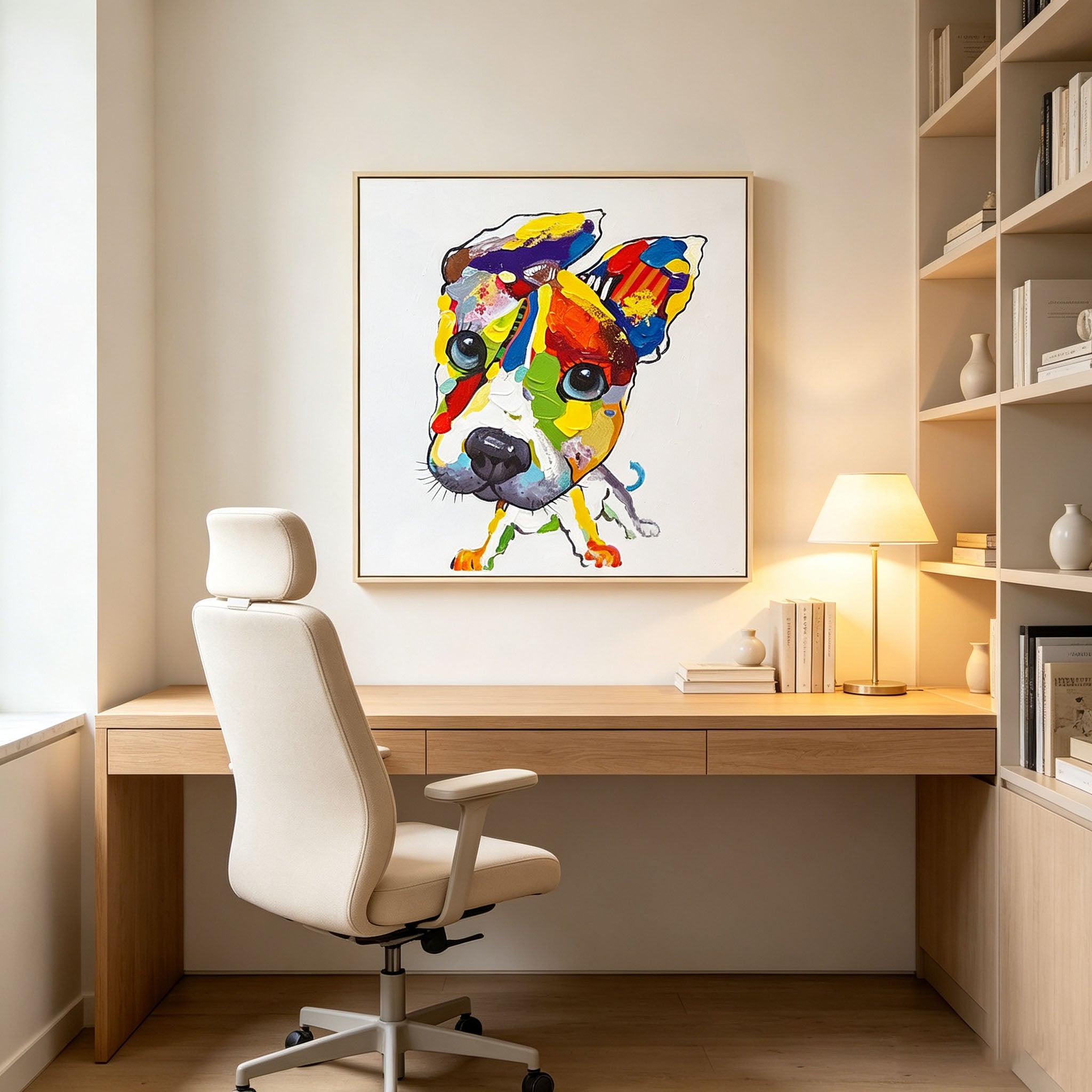 Vibrant Pop Art Dog Portrait Oil Painting, Thick Impasto Textured Puppy Canvas Wall Art, Modern Home Office Kids Room Decor