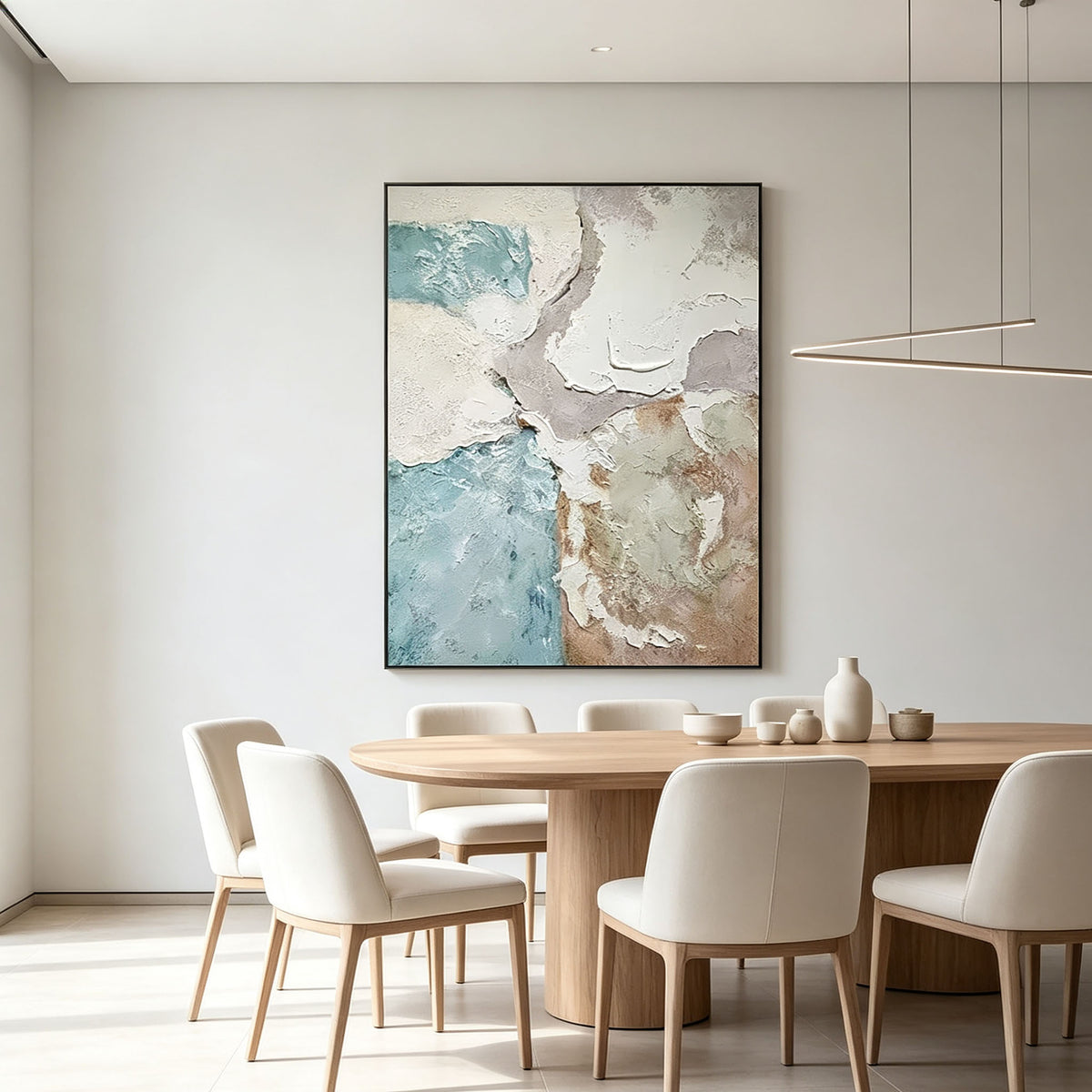 Soft Blue Beige Abstract Textured Canvas Wall Art, Coastal Plaster Painting for Minimalist Bedroom Above Bed Decor