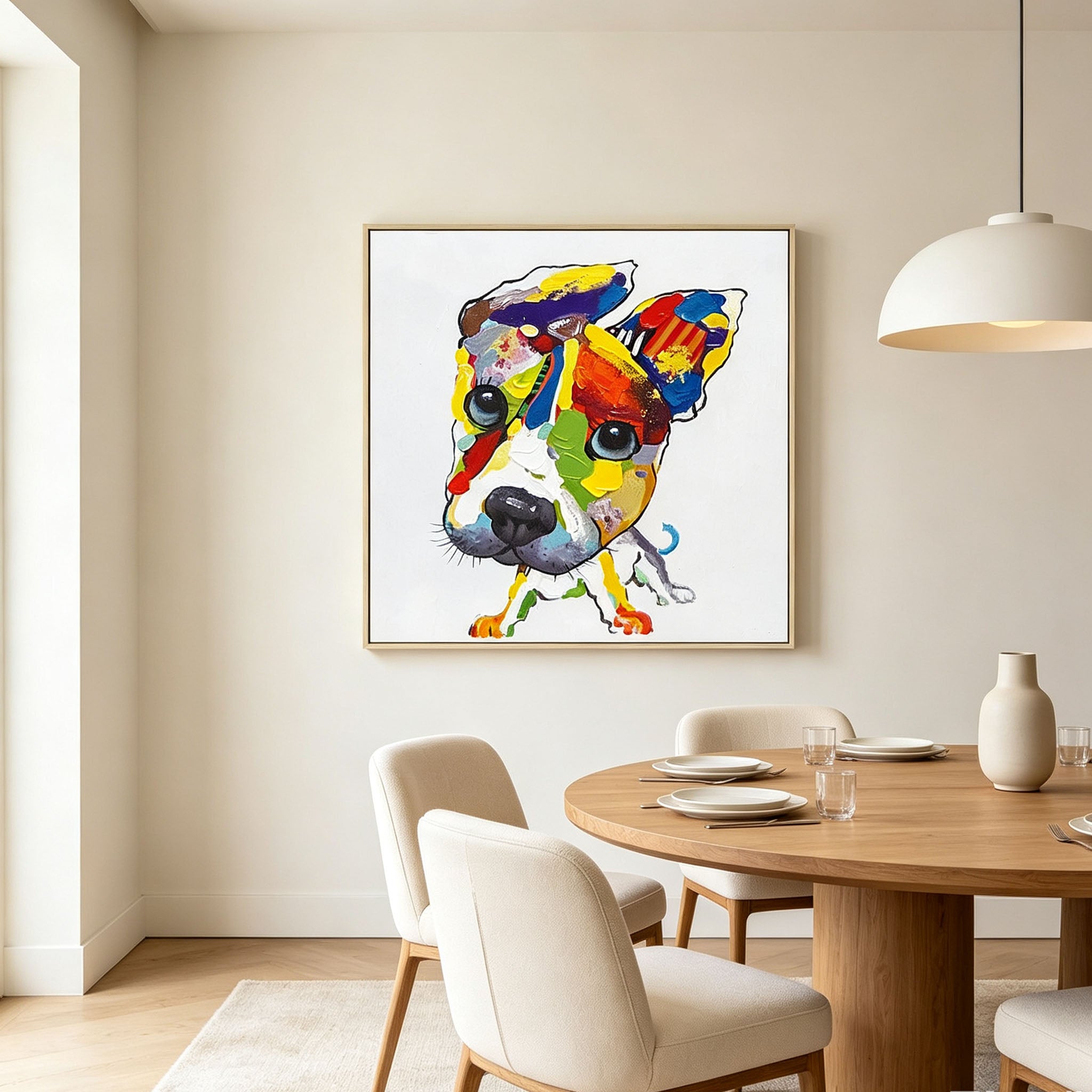 Vibrant Pop Art Dog Portrait Oil Painting, Thick Impasto Textured Puppy Canvas Wall Art, Modern Home Office Kids Room Decor