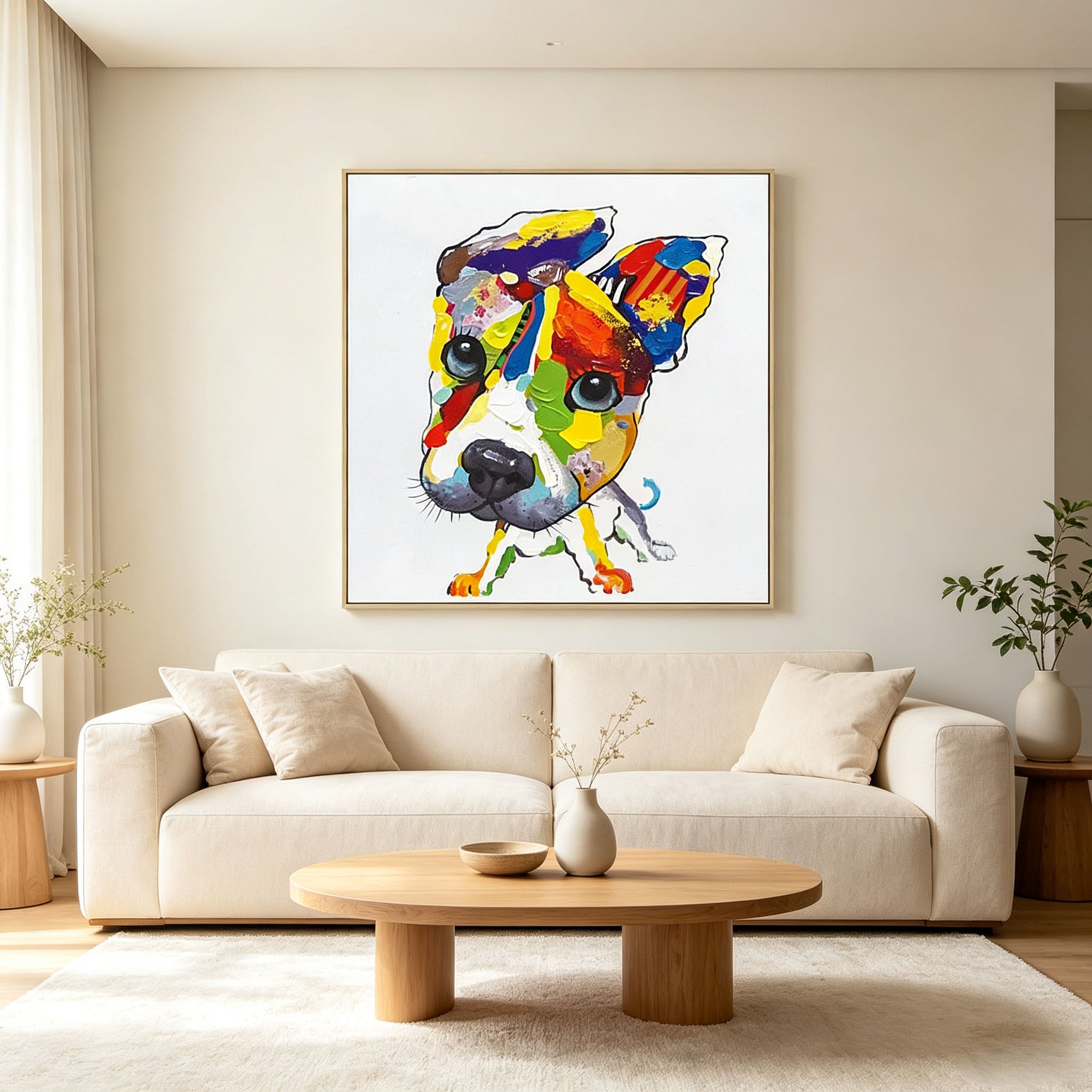 Vibrant Pop Art Dog Portrait Oil Painting, Thick Impasto Textured Puppy Canvas Wall Art, Modern Home Office Kids Room Decor