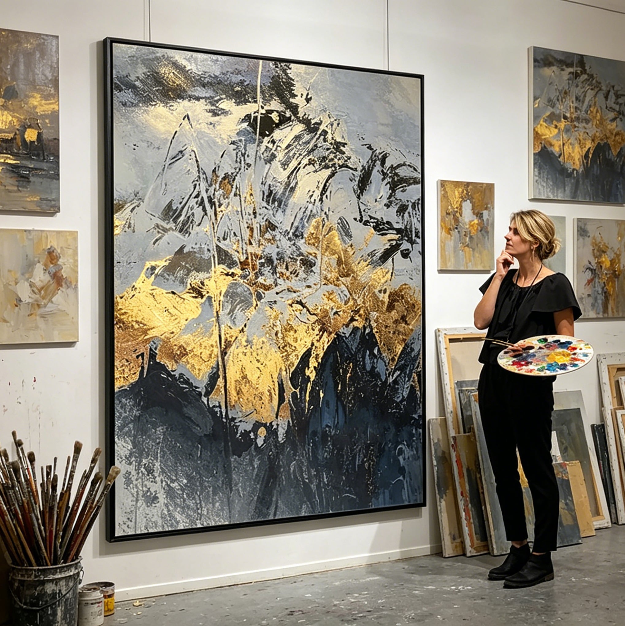 Stretched Hand-Painted Abstract "Golden Ethereal" Oil Painting – Textured Metallic Statement Canvas for Modern Luxury