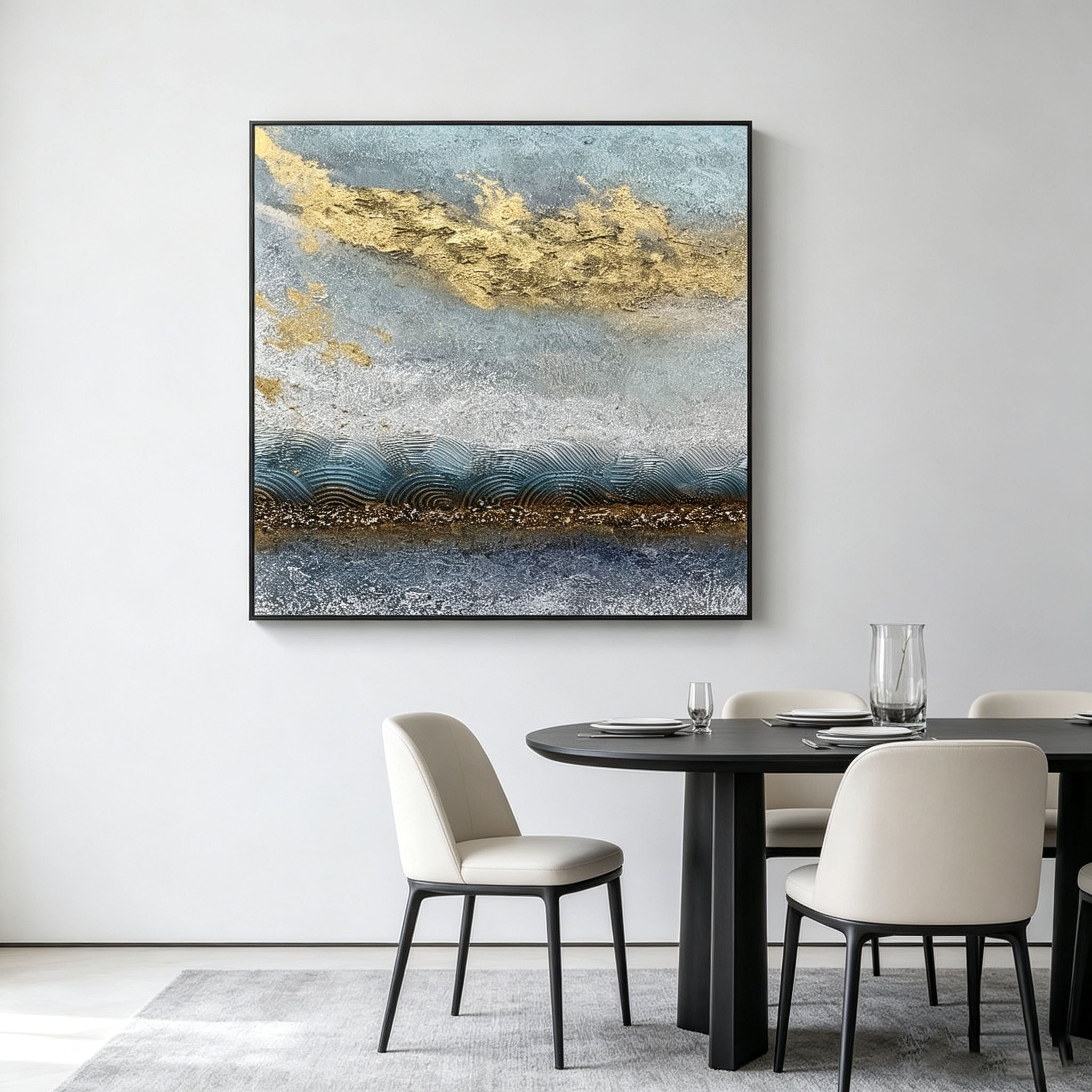 Abstract Blue Ocean Landscape Oil Painting, Gold Foil Thick Impasto Textured Canvas Wall Art, Modern Living Room Decor