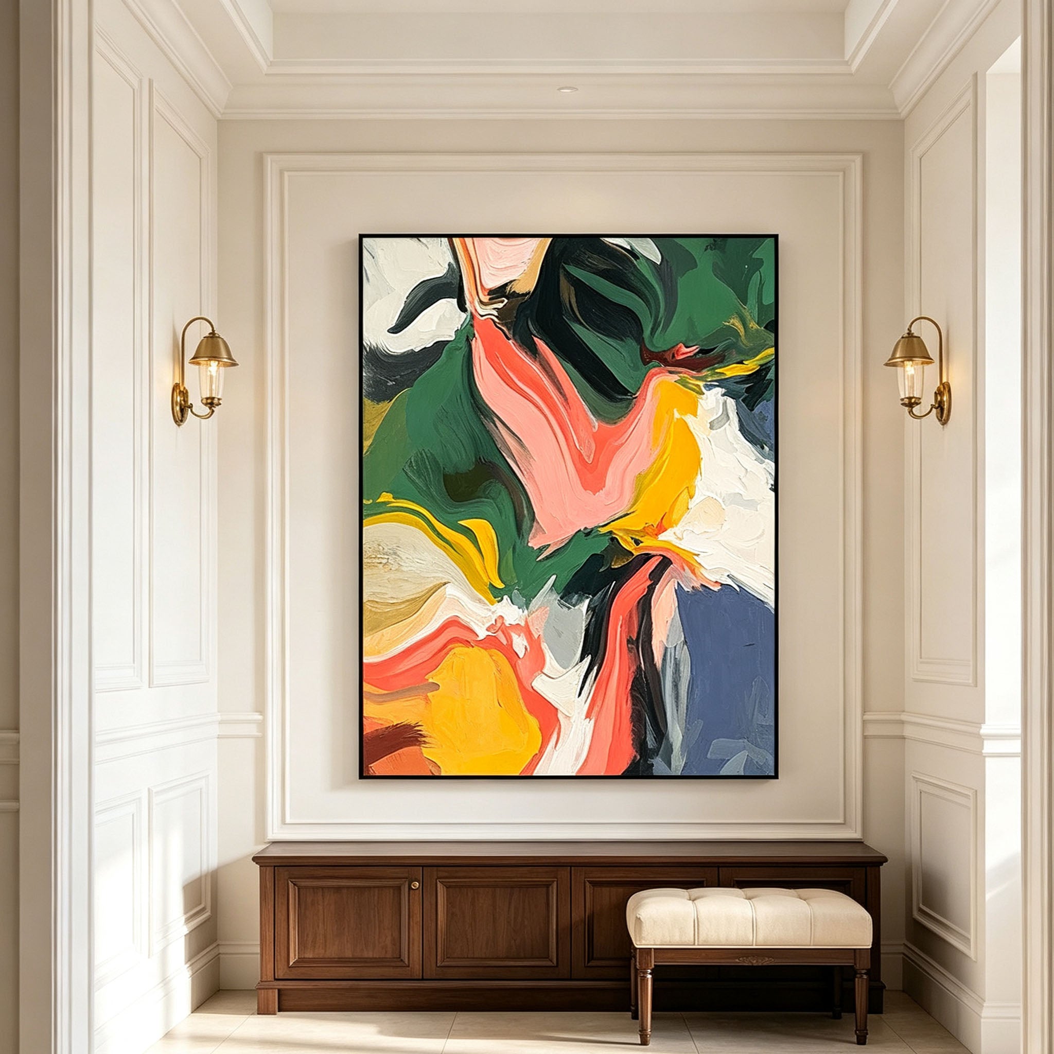Vibrant Multicolor Flowing Brushstroke Abstract Canvas Wall Art, Bold Impasto Textured Painting for French Vintage Bedroom Decor
