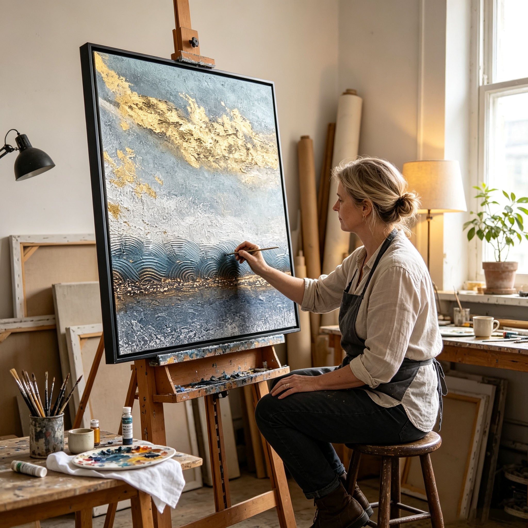 Abstract Blue Ocean Landscape Oil Painting, Gold Foil Thick Impasto Textured Canvas Wall Art, Modern Living Room Decor