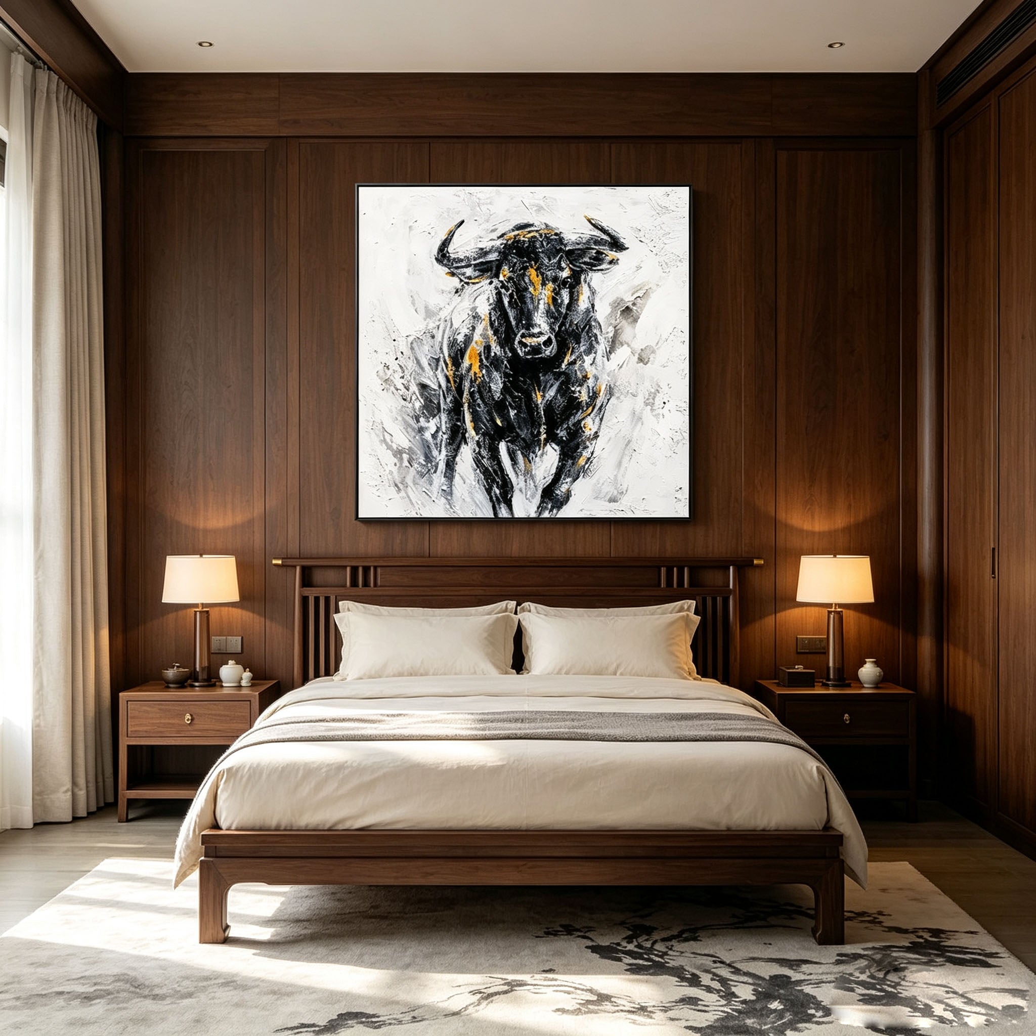 Abstract Bull Portrait Oil Painting, Black White Gold Thick Impasto Textured Canvas Wall Art, Modern Home Office Decor
