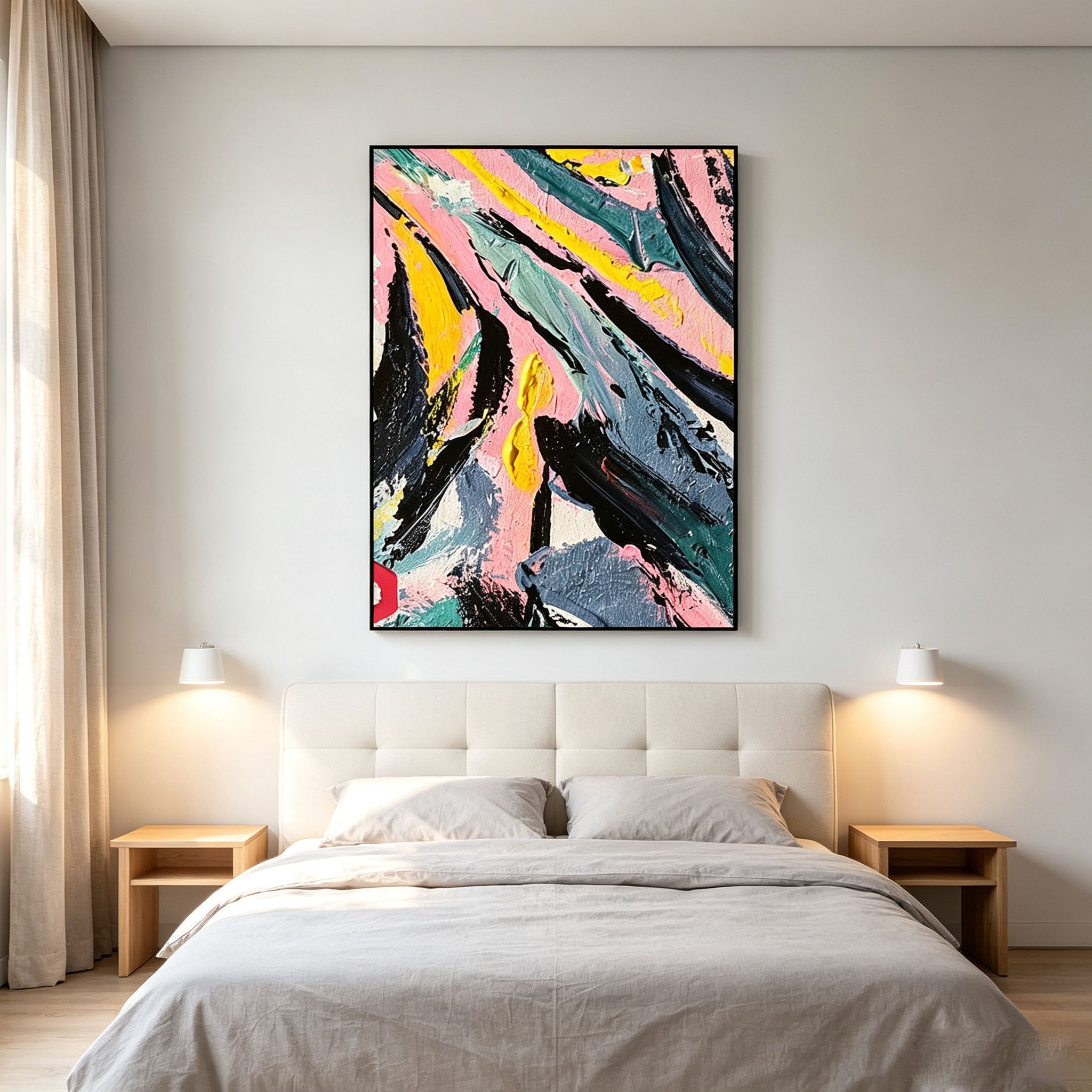 Abstract Wall Art Pink and Yellow Impasto Oil Painting on Canvas, Large Textured Abstract Wall Art for Living Room Bedroom, Modern Colorful Canvas Wall Decor