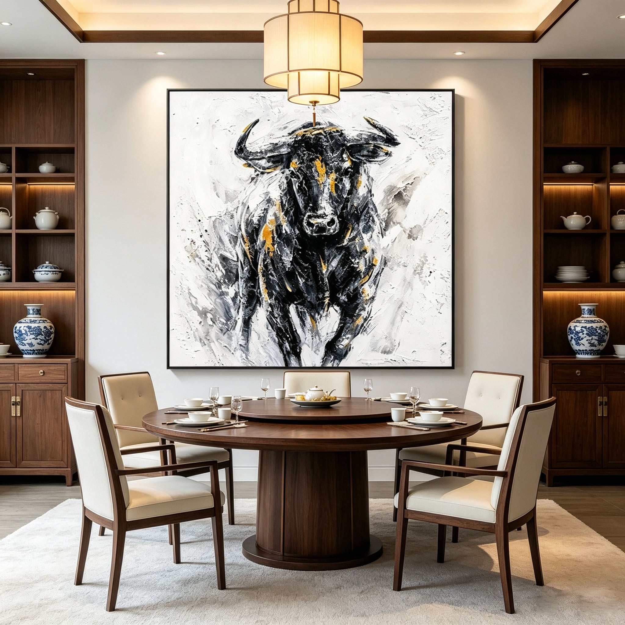 Abstract Bull Portrait Oil Painting, Black White Gold Thick Impasto Textured Canvas Wall Art, Modern Home Office Decor
