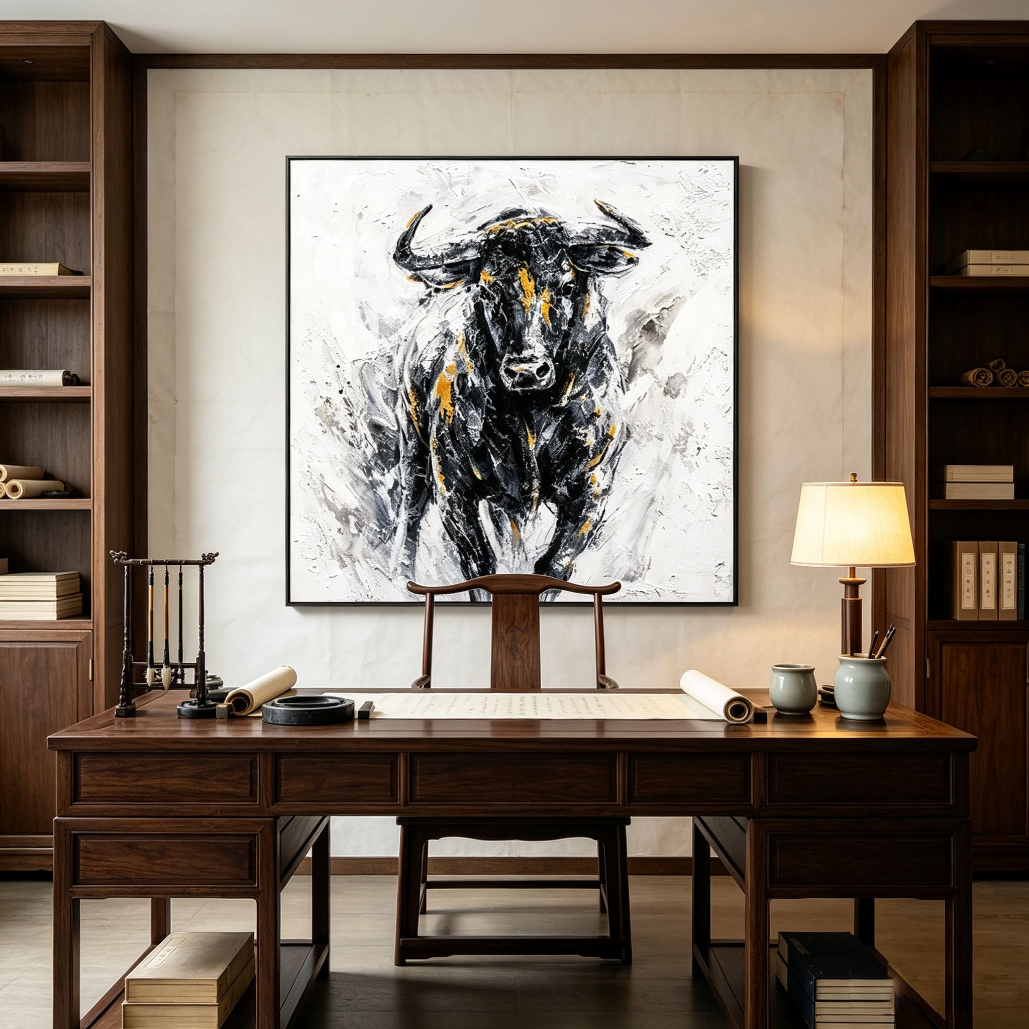 Abstract Bull Portrait Oil Painting, Black White Gold Thick Impasto Textured Canvas Wall Art, Modern Home Office Decor