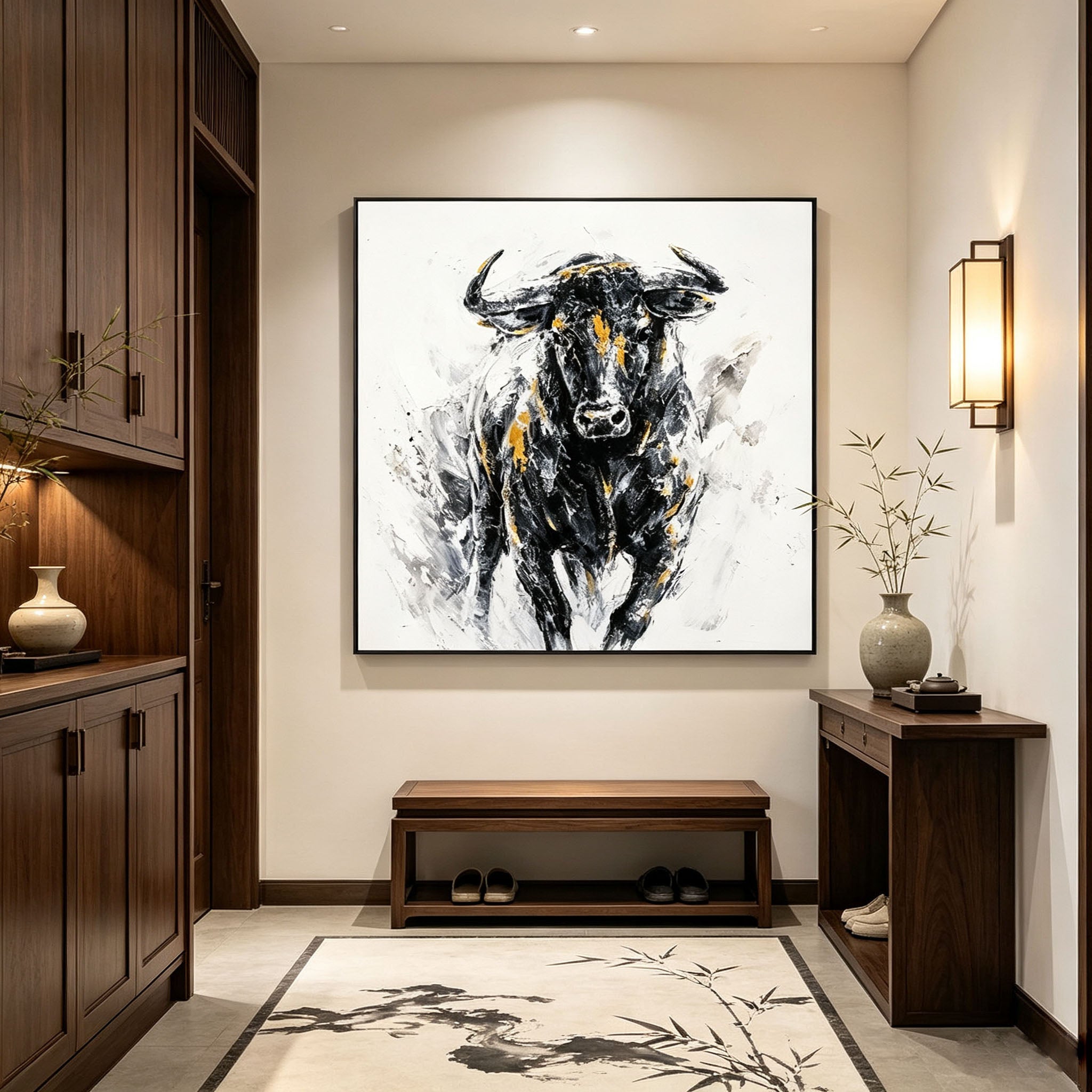 Abstract Bull Portrait Oil Painting, Black White Gold Thick Impasto Textured Canvas Wall Art, Modern Home Office Decor