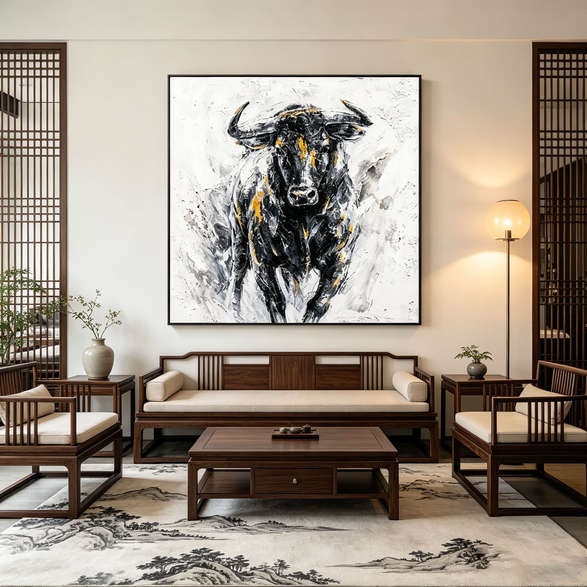 Abstract Bull Portrait Oil Painting, Black White Gold Thick Impasto Textured Canvas Wall Art, Modern Home Office Decor