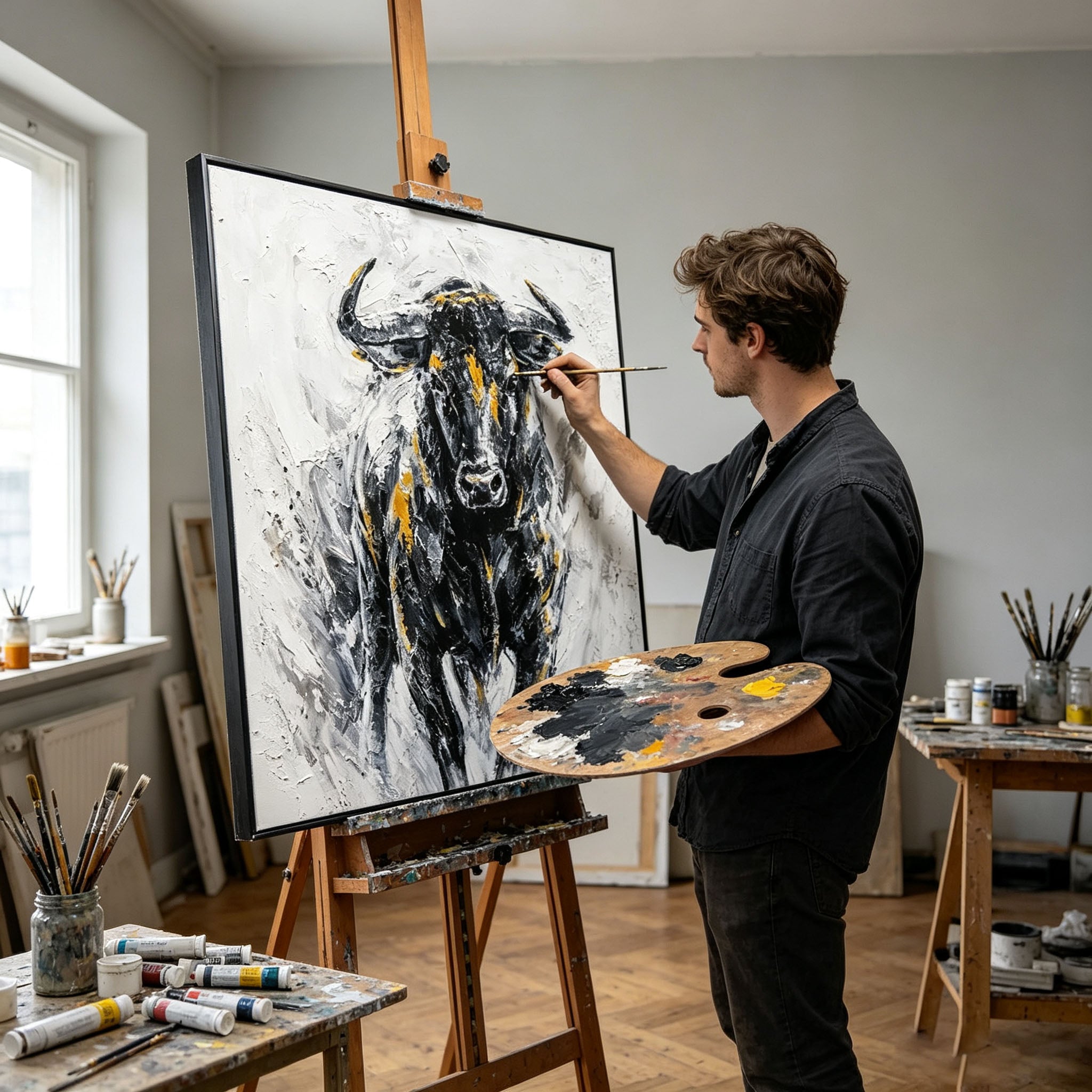 Abstract Bull Portrait Oil Painting, Black White Gold Thick Impasto Textured Canvas Wall Art, Modern Home Office Decor